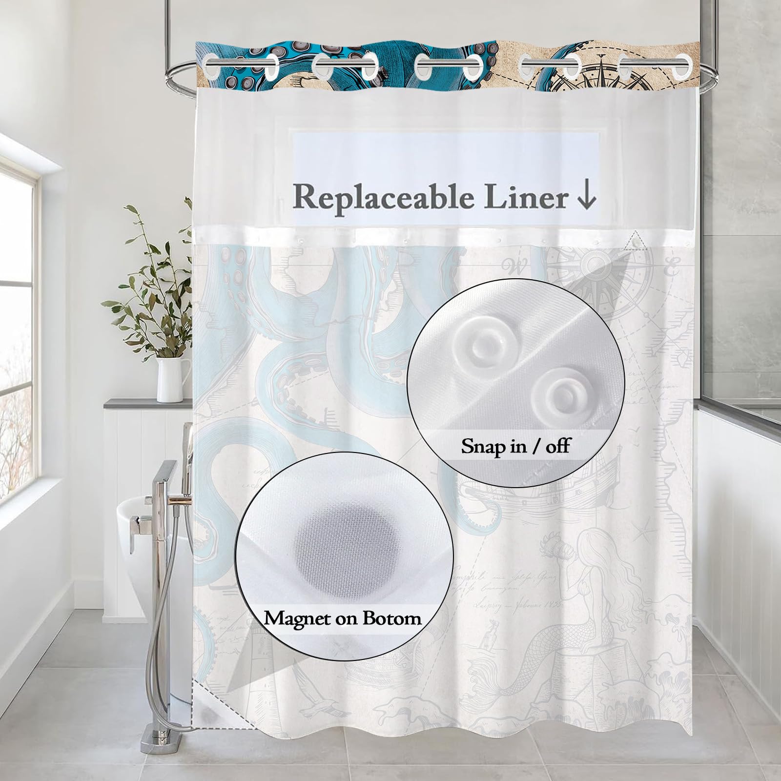 Fungarth Vintage Nautical Octopus No Hook Shower Curtain With Snap In Liner Navy Blue Funny Ocean Mermaid Hookless Shower Curtai