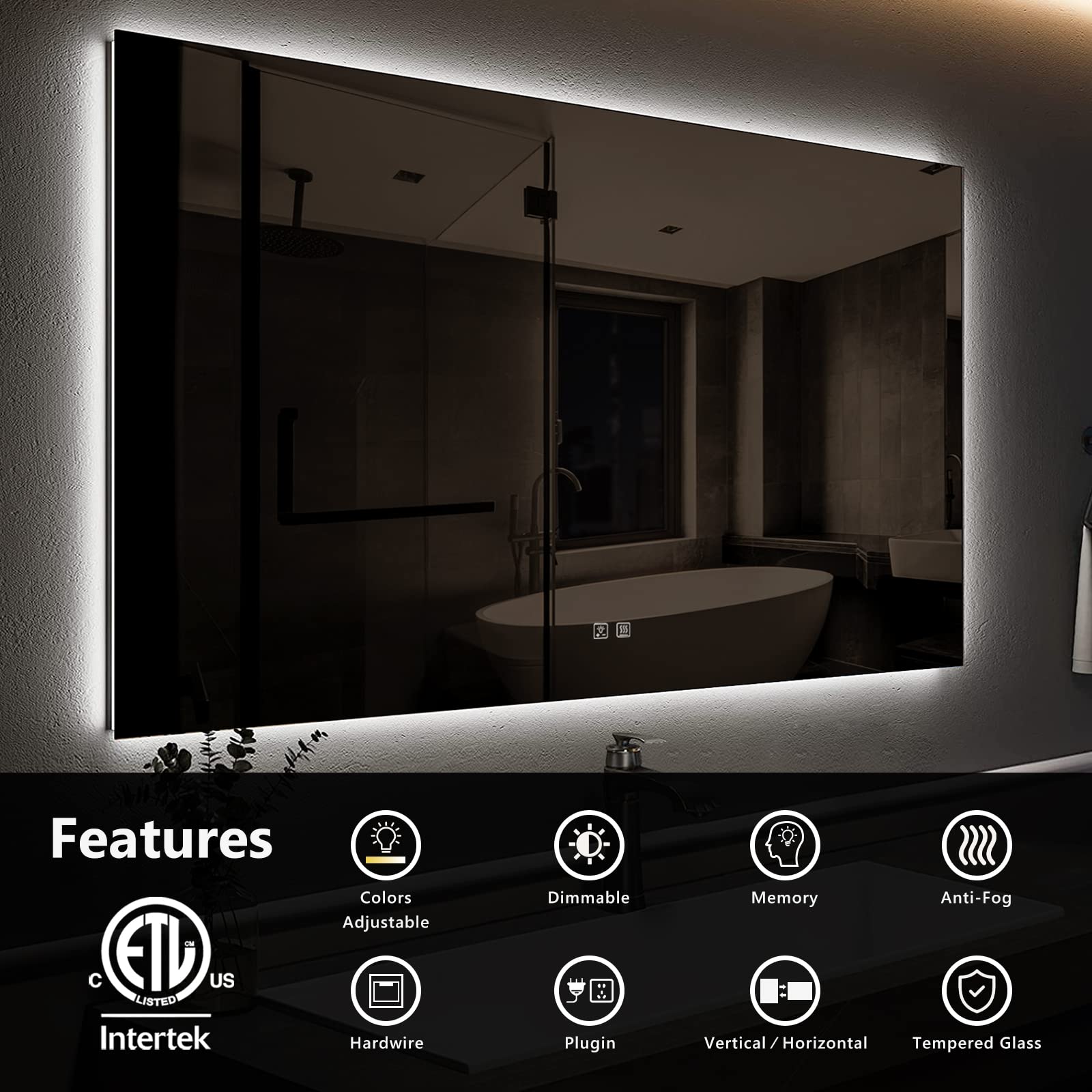 ROOMTEC 48x28 LED Bathroom Mirror  Dimmable  Wall-Mounted  Anti-Fog  Adjustable 3000-6000K  Horizontal/Vertical