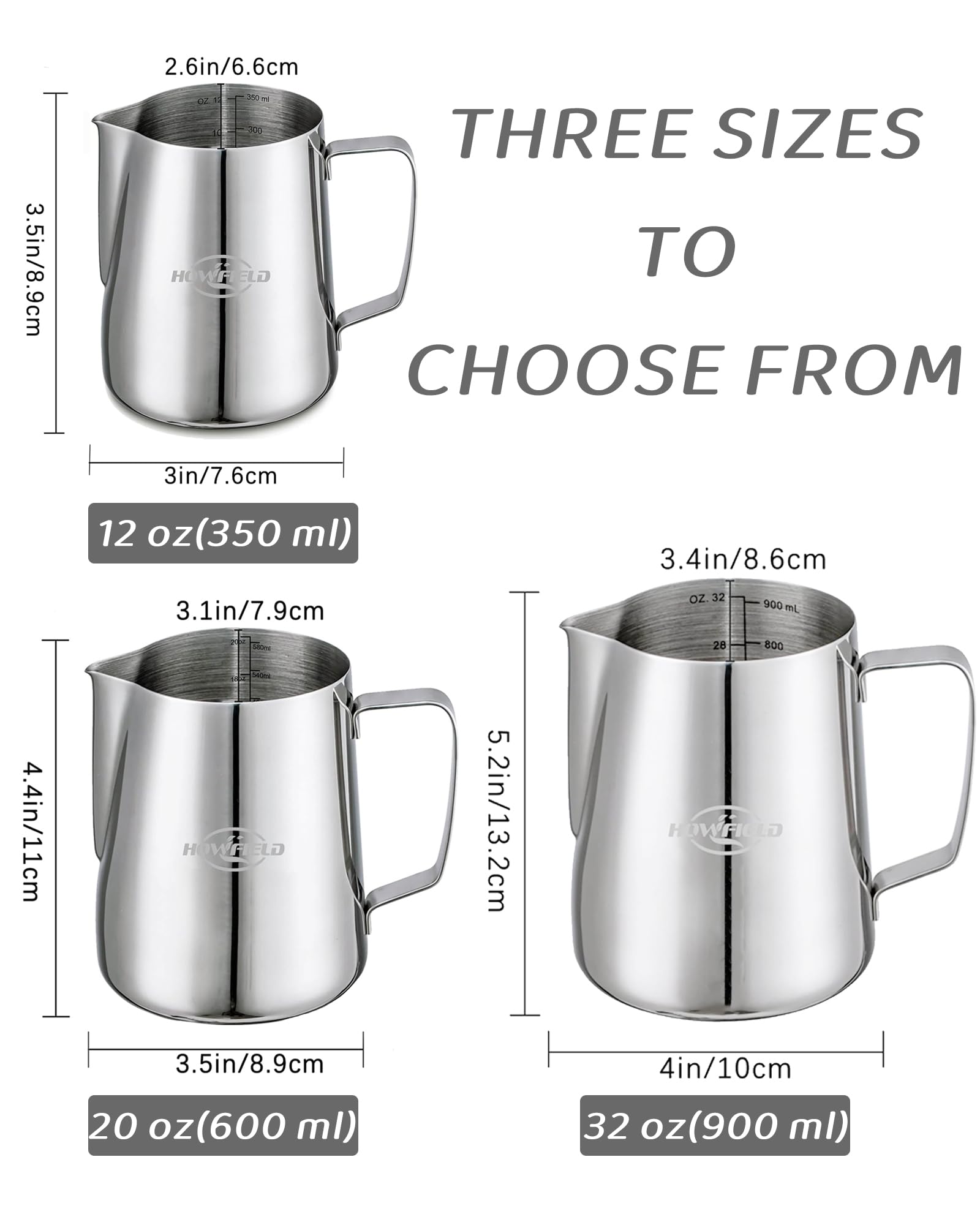 HOWFIELD 12oz Milk Frothing Pitcher – 304 Stainless Steel, Anti-Scald Handle, Latte Art Pen, Silver - Barista Tool for Coffee Lovers