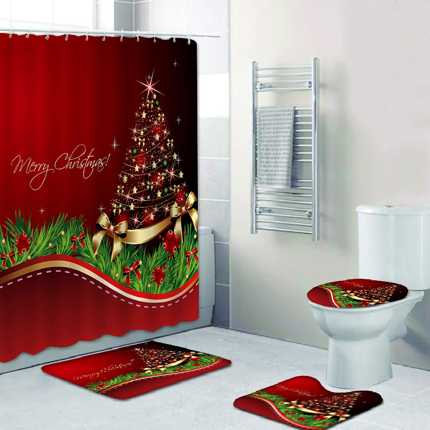 Rlhhug Christmas Shower Curtain Set With Bath Mat (Christmas Tree)
