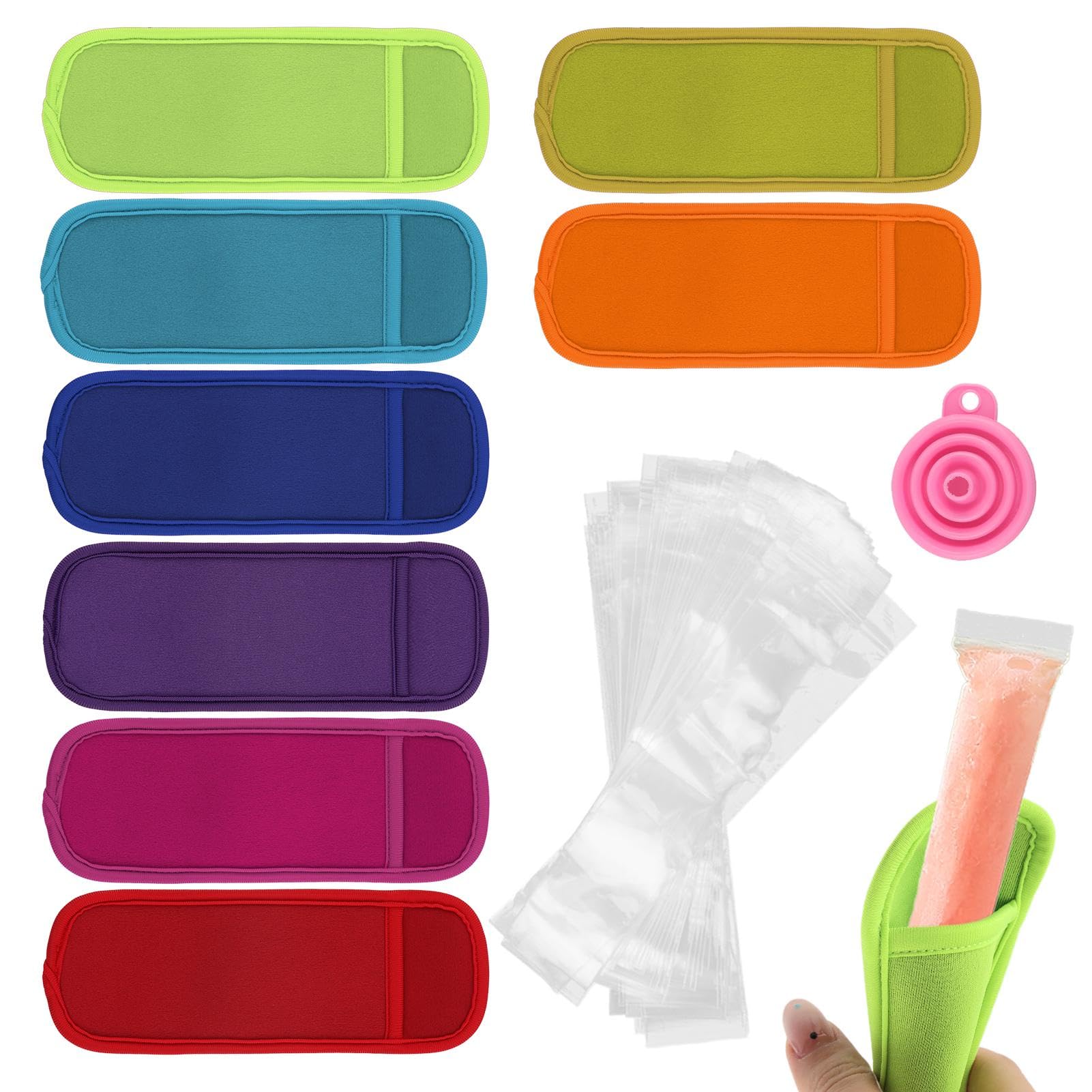 8Pack Ice Pop-Sleeves With 50 Disposable Ice Pops-icles-Mold Bags (11x2) & Funnel,Ice-Pop-Neoprene Insulator Sleeves, Ice-Pops-M
