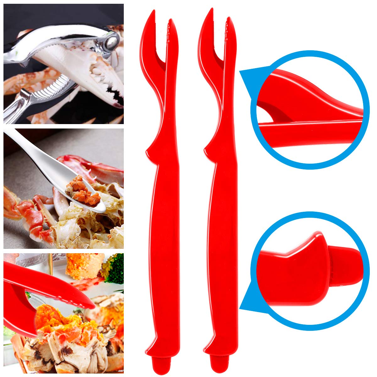 ZAUGONTW 7Pcs Seafood Tools Set - 4 Forks, 2 Lobster Crackers, Seafood Scissors, Red & Black