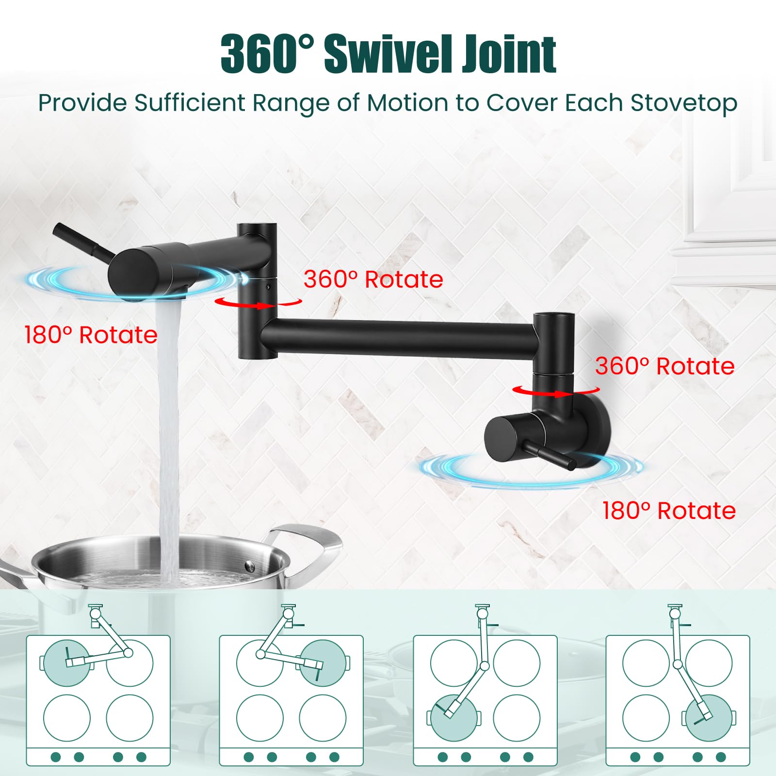Heyalan Matte Black Pot Filler 19 Inch Wall Mount Folding Stretchable Kitchen Restaurant Faucet Stainless Steel Pot Filler with Double Joint Swing Arm Single Hole Two Handles Commercial NPT
