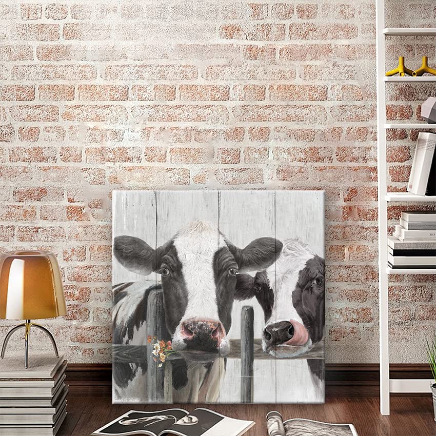 Couple Cow Pictures Wall Decor, Love Themed Canvas Wall Art Print, Curious Cow Painting Poster, Funny Farm Animal Mural For Bedr