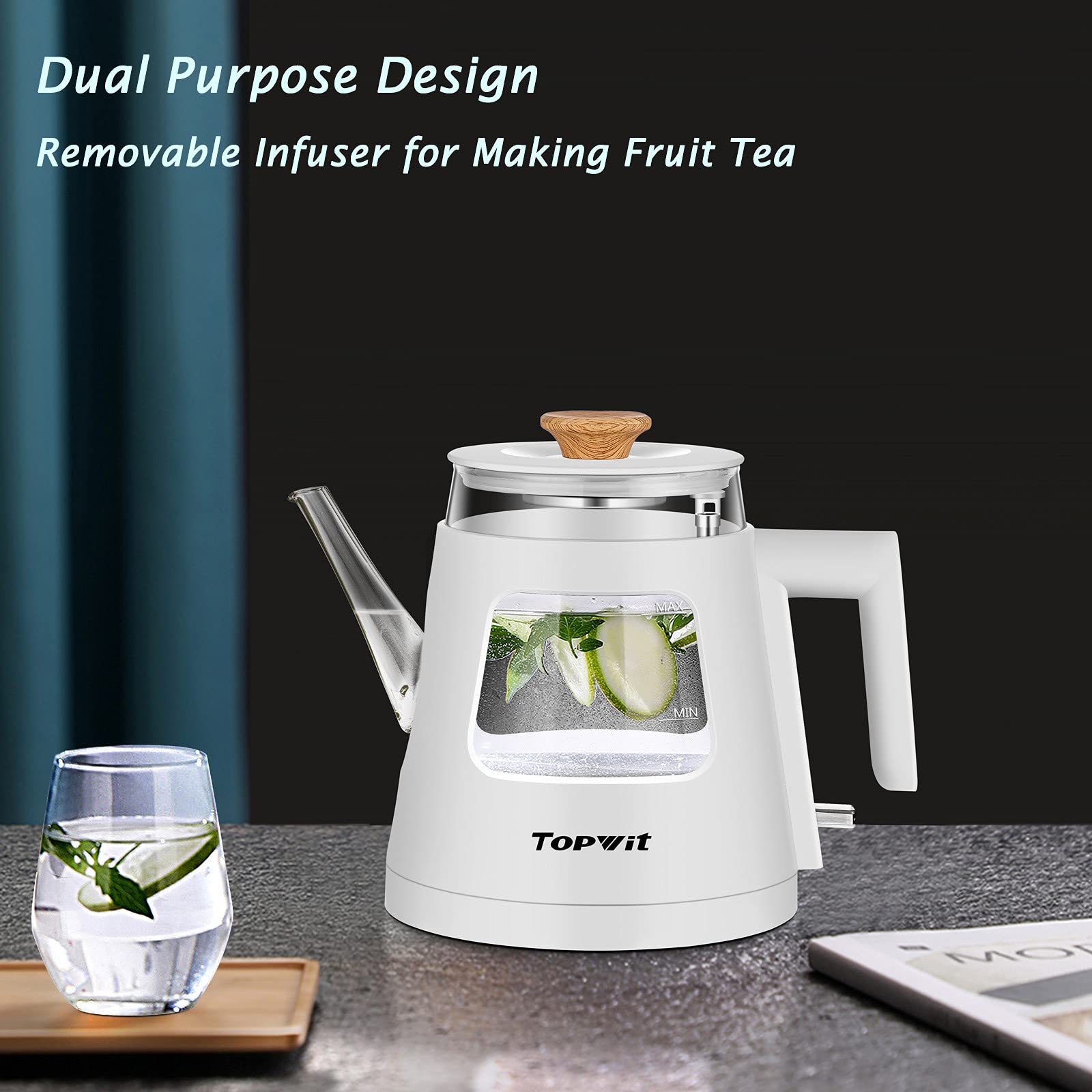 TOPWIT Electric Kettle  1.0L Electric Tea Kettle with Removable Stainless Steel Infuser  BPA-Free Electric Glass Kettle with Window  Double Wall Water Warmer  Gooseneck Kettle  Auto-shut Off  White