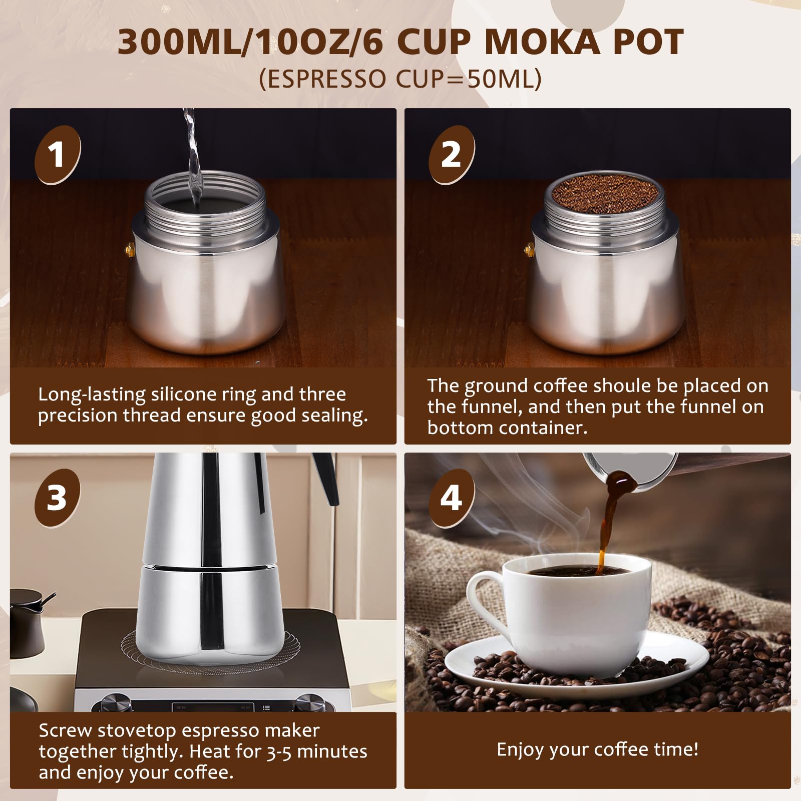 Vonates Stovetop Espresso Maker, 6 Cup Moka Pot, Italian Coffee Maker Percolator, Stainless Steel Espresso Pots, 300Ml/10Oz(Espr