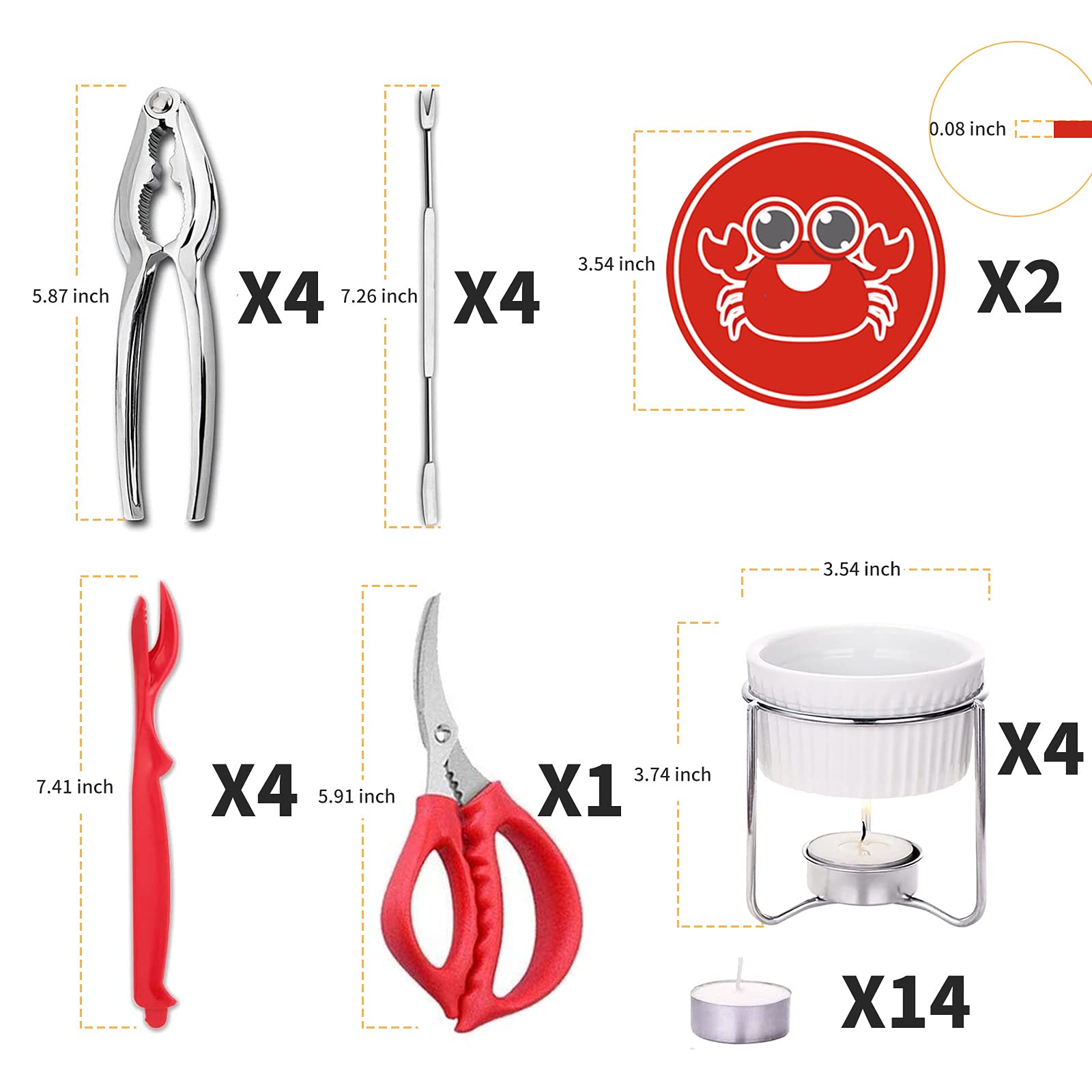 Luvan 33 Pcs Crab Crackers And Tools Set With 4 Crab Leg Crackers, 4 Crab Forks, 4 Lobster Shellers, 4 Butter Warmers, 1 Seafood