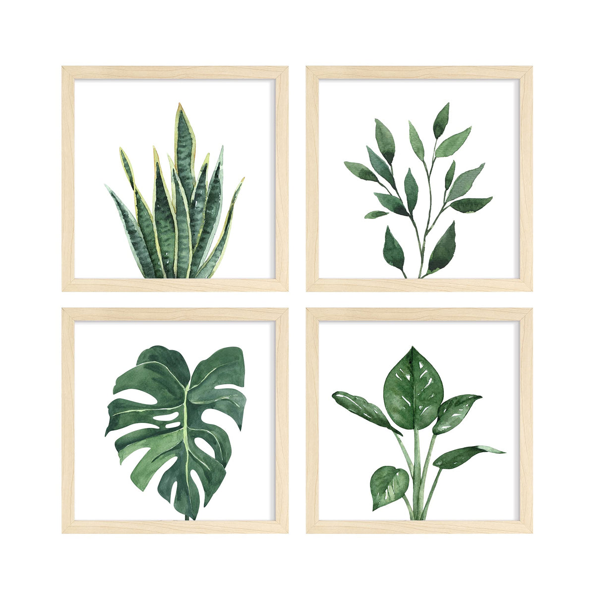 Artbyhannah 10X10 Framed Bathroom Art Wall Collage Kit For Gallery Wall With Botanical Green Leaf Plant Prints And Natural Frame