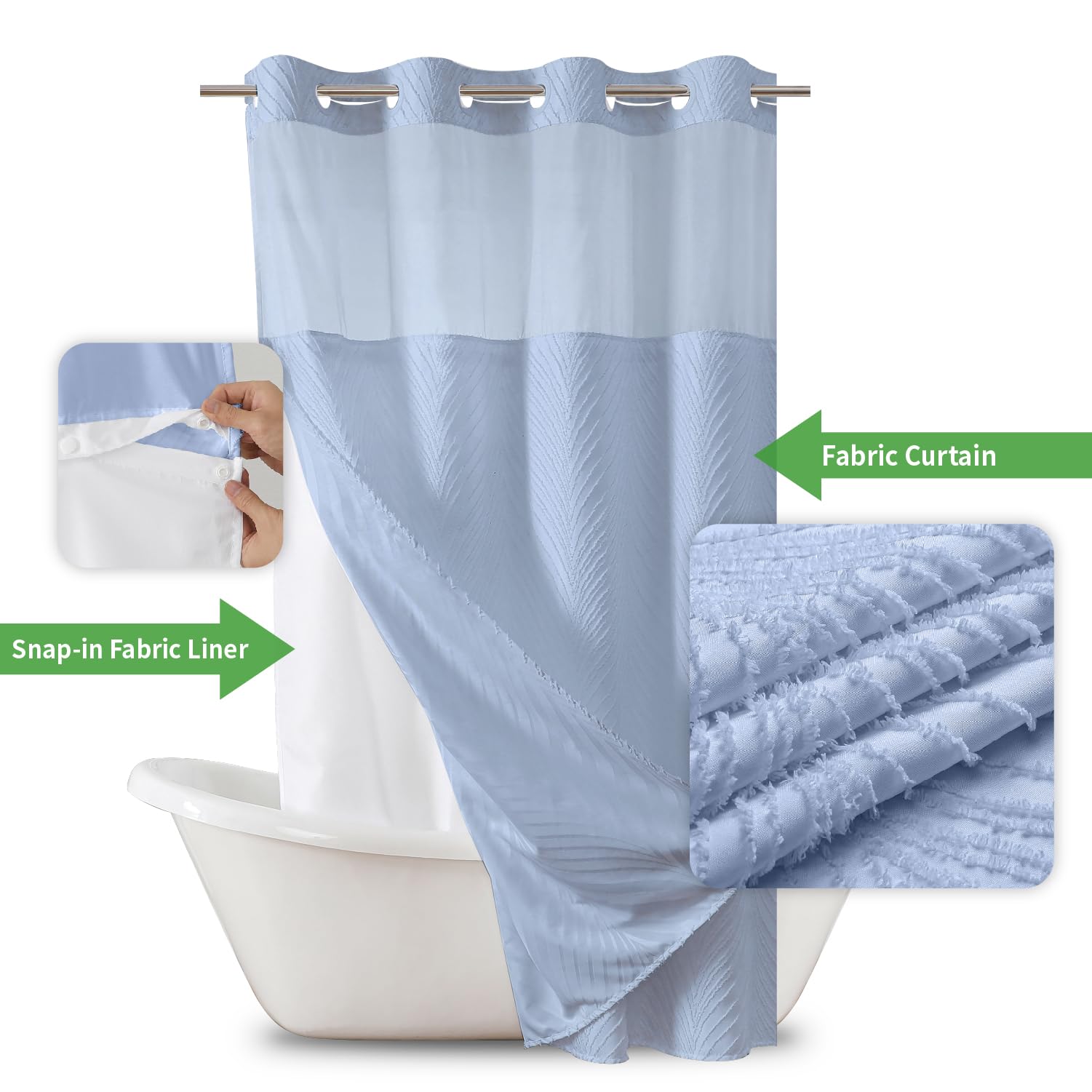Eachope Stall No Hook Tufted Shower Curtain With Snap In Liner Set, White Waterproof Fabric Inner Liner,Boho Style Shower Curtai