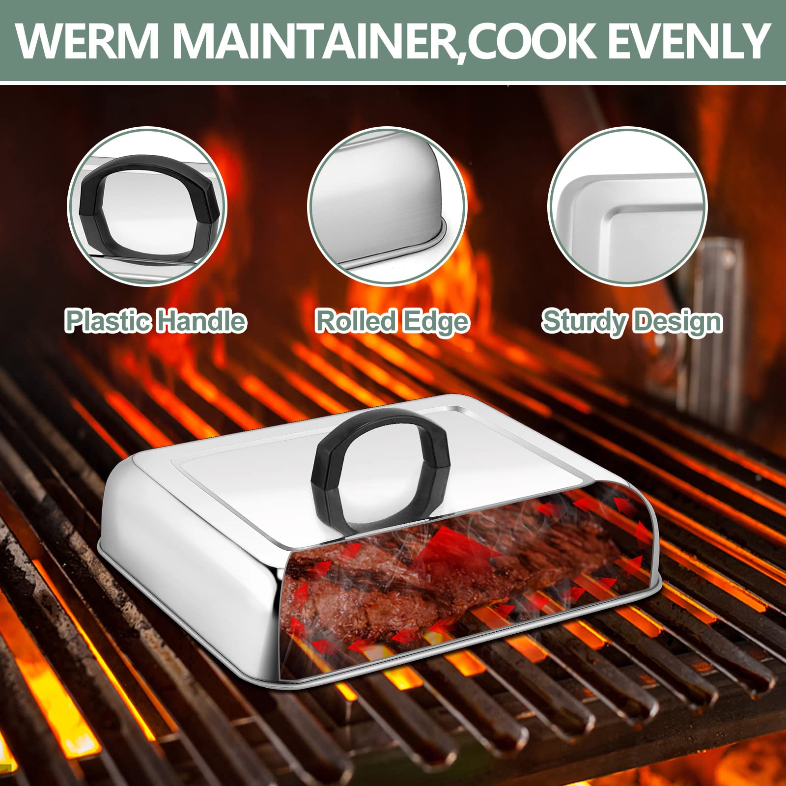 3Pcs Basting Cover For Griddle, Leonyo Large 13'' & 9'' Rectangular Cheese Melting Dome With Adjustable Vent, Stainless Steel Bu