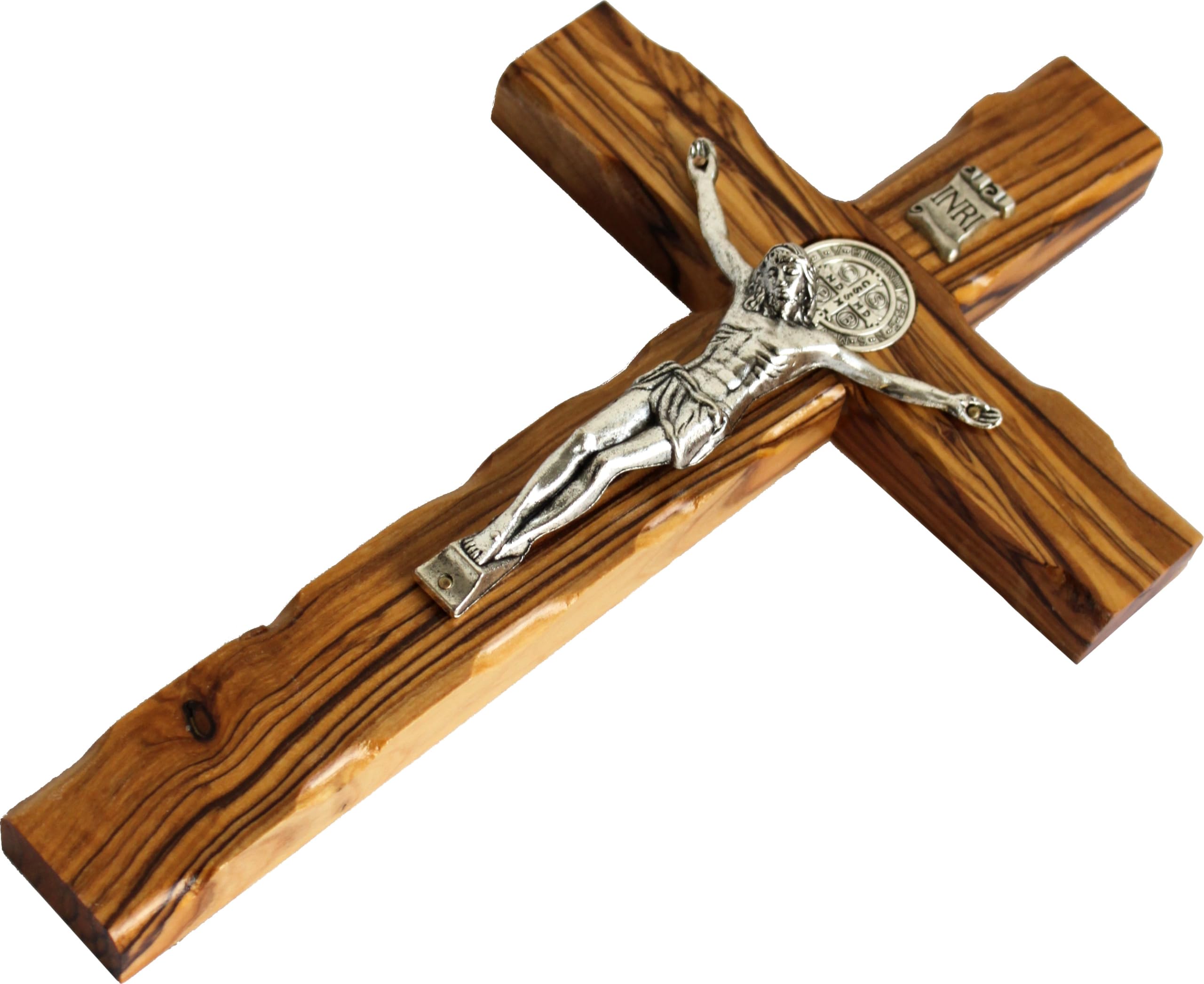 Holy Land Market 10 Wall Wood Cross St. Saint Benedict & Medal Handmade Silver Plated Crucifix