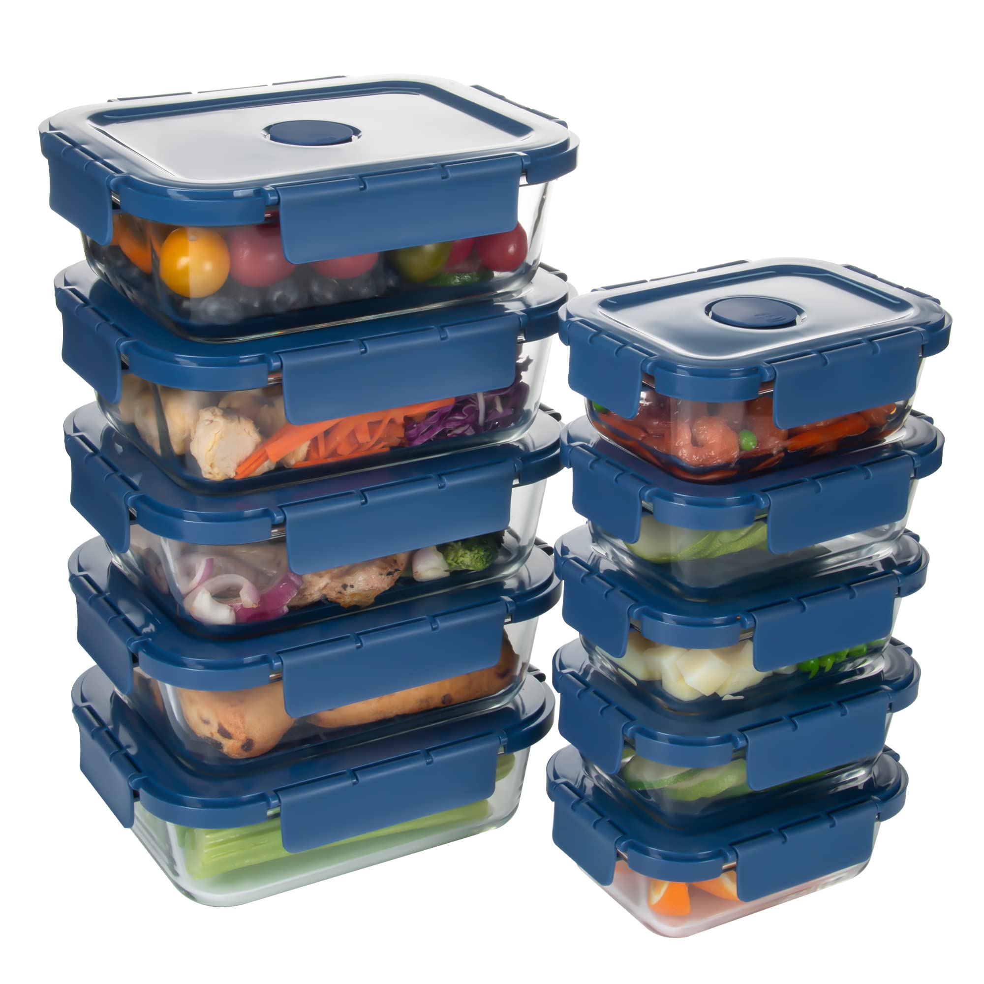 HAKEEMI Glass Food Storage Containers 10 Pack, Meal Prep Containers with Snap Locking Lids Airtight Built in Air Vents, Glass Lu