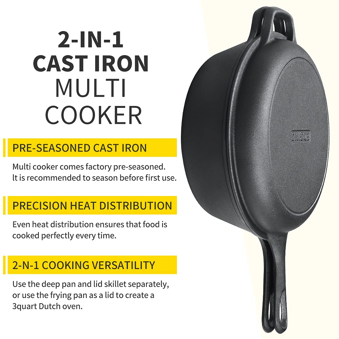 Edging Casting 2-In-1 Pre-Seasoned Cast Iron Dutch Oven Pot With Skillet Lid Set, 10'' Skillet 3Qt Pot For Cooking, Baking, Fryi