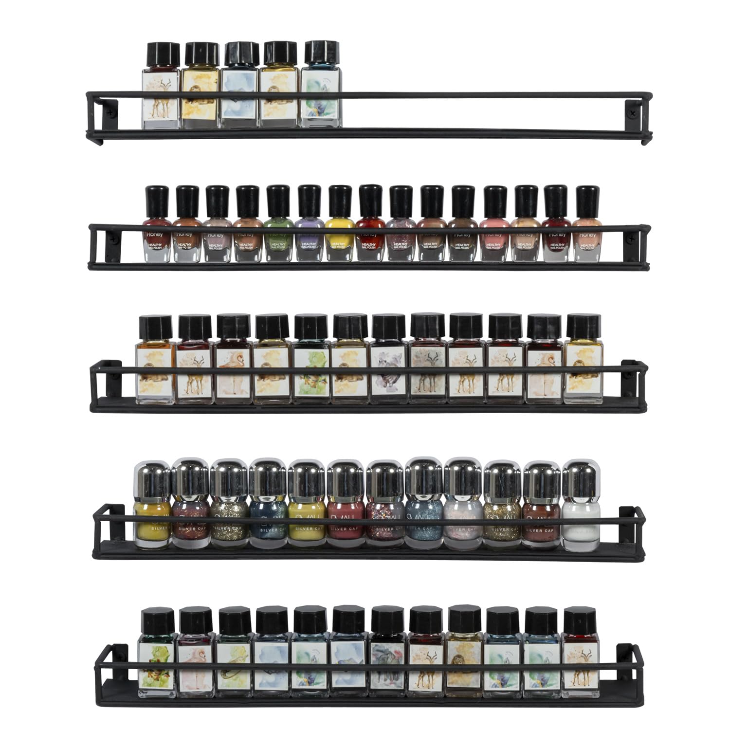 Mygift 16 Inch Wall Mounted Black Metal Nail Polish And Essential Oil Display Shelves, Kitchen Hanging Racks For Seasoning Shake