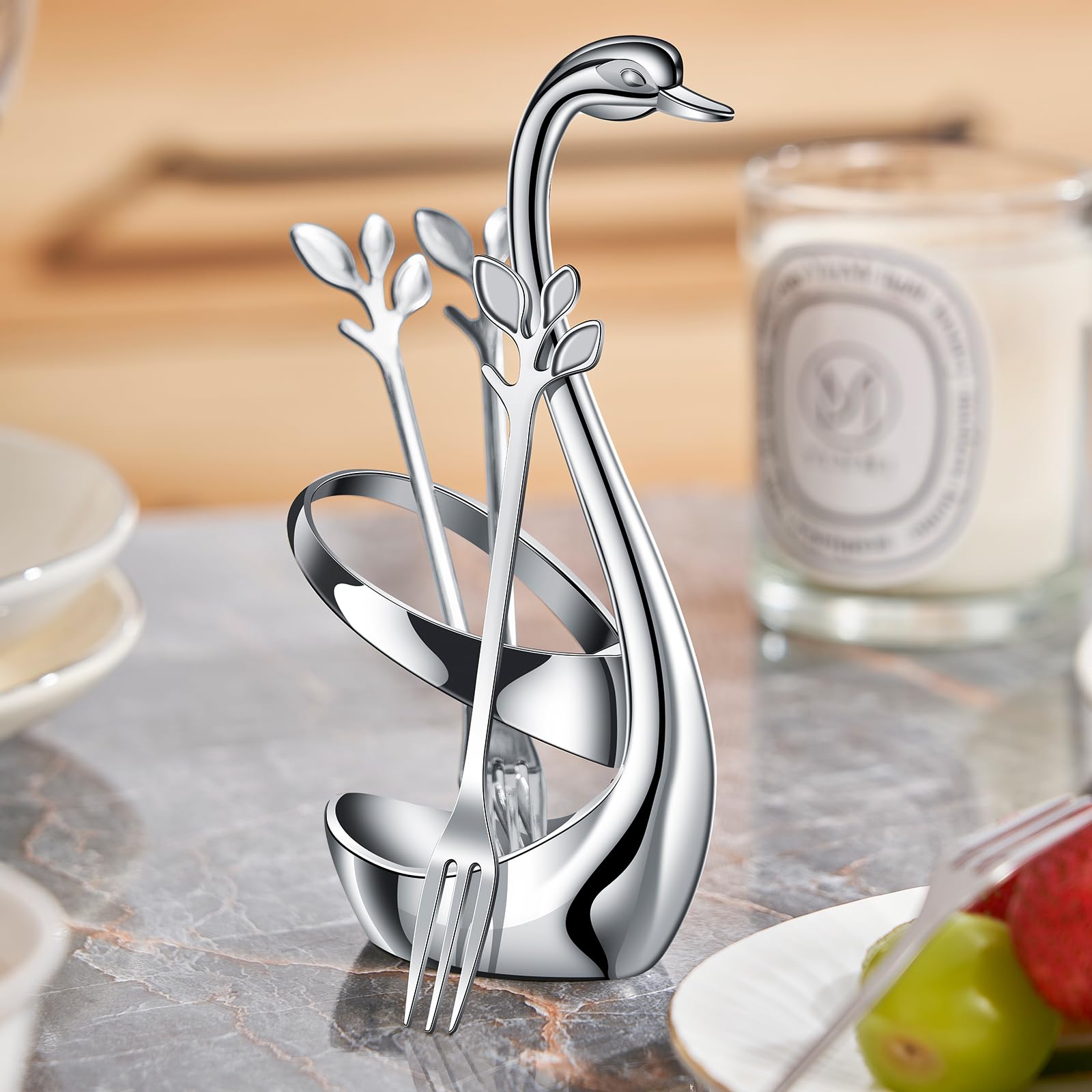 Ansaw Elegant Swan Base Holder Set With 10 Pcs Silver Leaf 4.7'' Stainless Steel Mini Forks For Appetizer, Fruit, Dessert, Cake