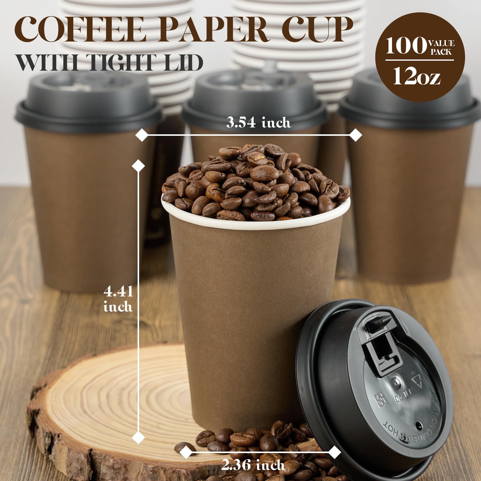 LITOPAK 100 Pack 12 oz Paper Coffee Cups  Brown Disposable Coffee Cups with Lids  Drinking Cups for Cold/Hot Coffee  Water  Juice  or Tea  Hot Paper Coffee Cups for Home  Restaurant  Store and Cafe.