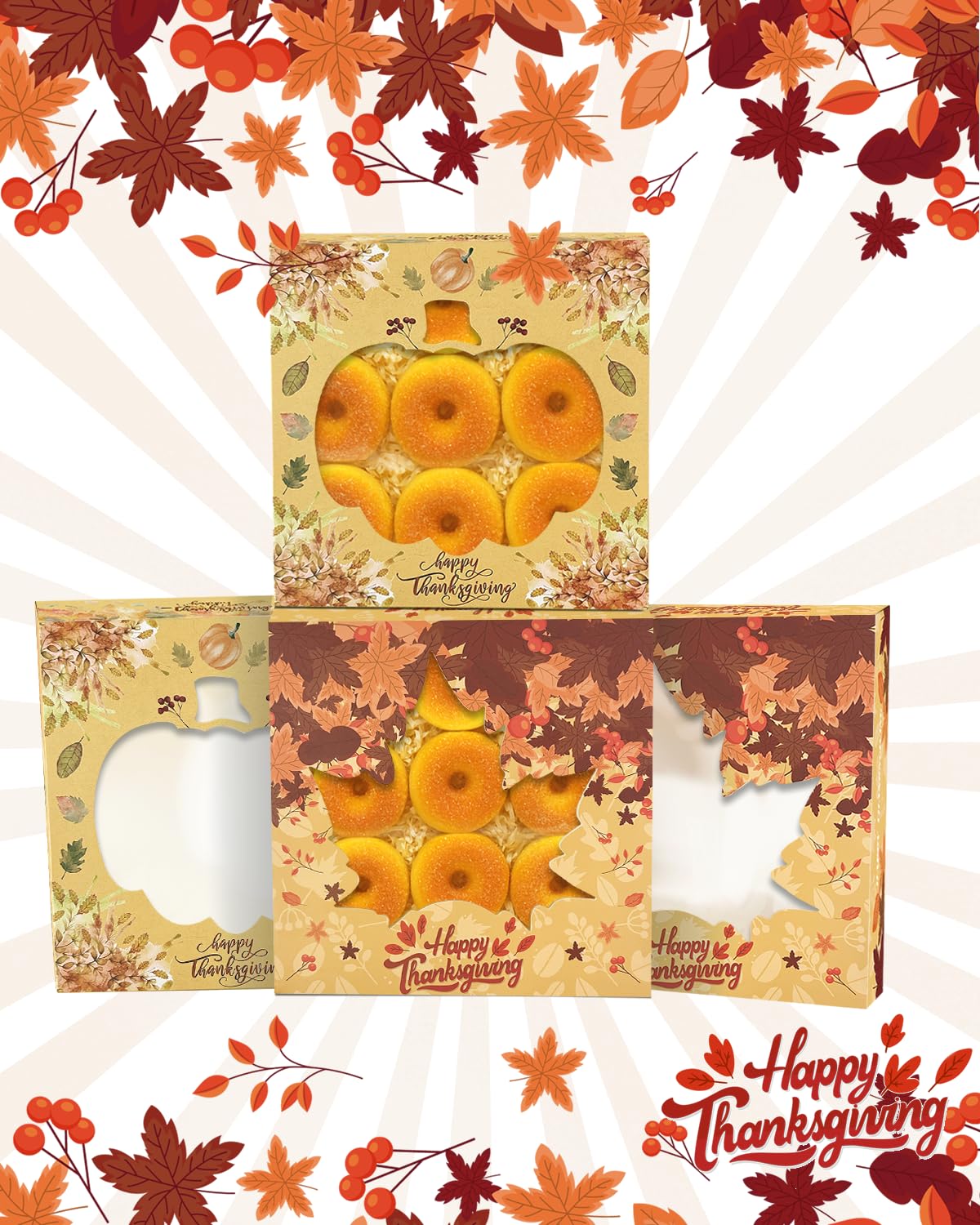qiqee Thanksgiving Auto-pop Up 30pcs Pie Box With Window 9x9x2.5 Inch Donut Pastry Boxes Pumkin Leaves Bakery Box