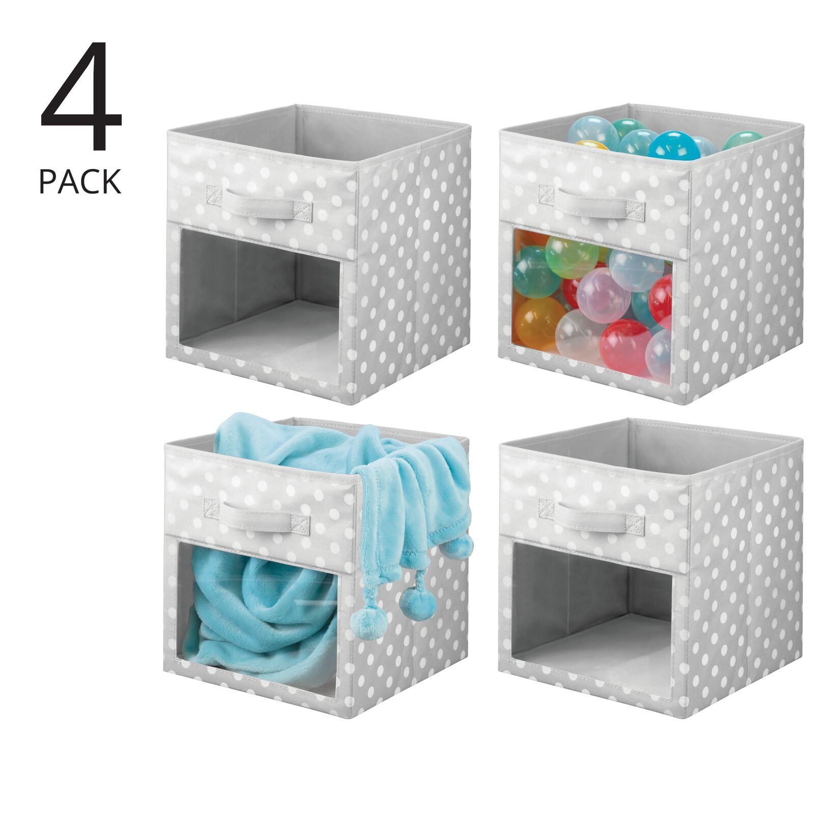 mDesign Fabric Nursery/Playroom Closet Storage Organizer Bin Box  Front Handle/Window for Cube Furniture Shelving Unit  Hold Toys  Clothes  Diapers  Bibs  4 Pack  Gray/White Polka Dot