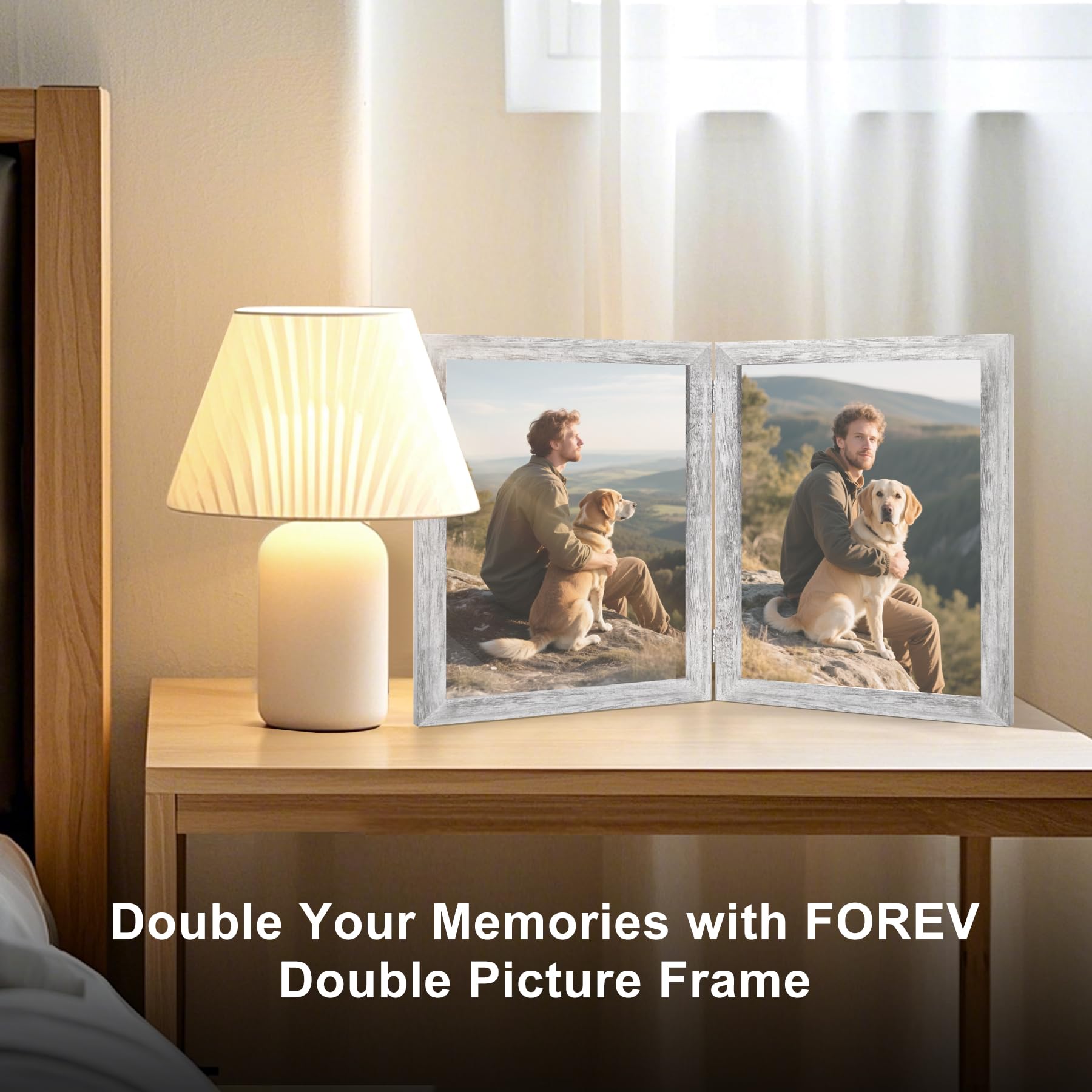 8x10 Double Picture Frame Wooden Hinged Photo Frame Definition Glass Stand Vertically on Desktop or Tabletop Distressed White
