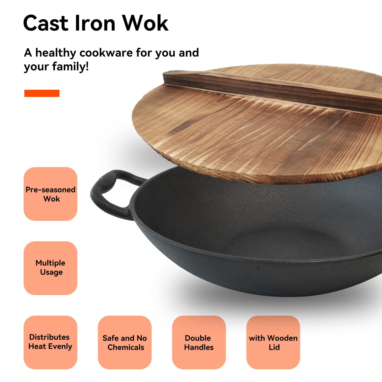 Keleday 14 Inch Cast Iron Wok With Lid, Non Stick, Pre-Seasoned Woks & Stir-Fry Pans With 2 Loop Handles, Uncoated Chinese Handm