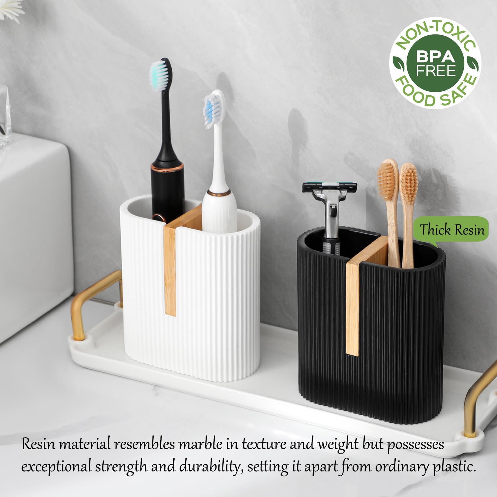 Rejomiik Matte Black Toothbrush Holders Electric Toothbrush Holder For Bathrooms, Bamboo Tooth Brushing And Toothpaste Storage O