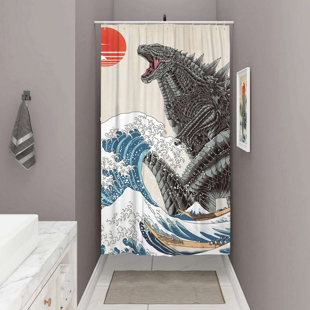 Desihom Funny Small Shower Stall Curtain Set, Fun Anime Monster Narrow Stand Up Shower Curtains For Bathroom Cool Asian Japanese