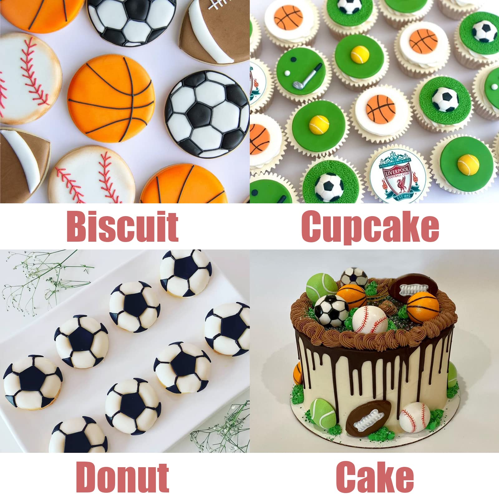 Football Silicone Mold 4 Pcs, Baseball Basketball Tennis Chocolate Fondant Mold For Cake Decoration, Candy Sugar, Cupcake Topper