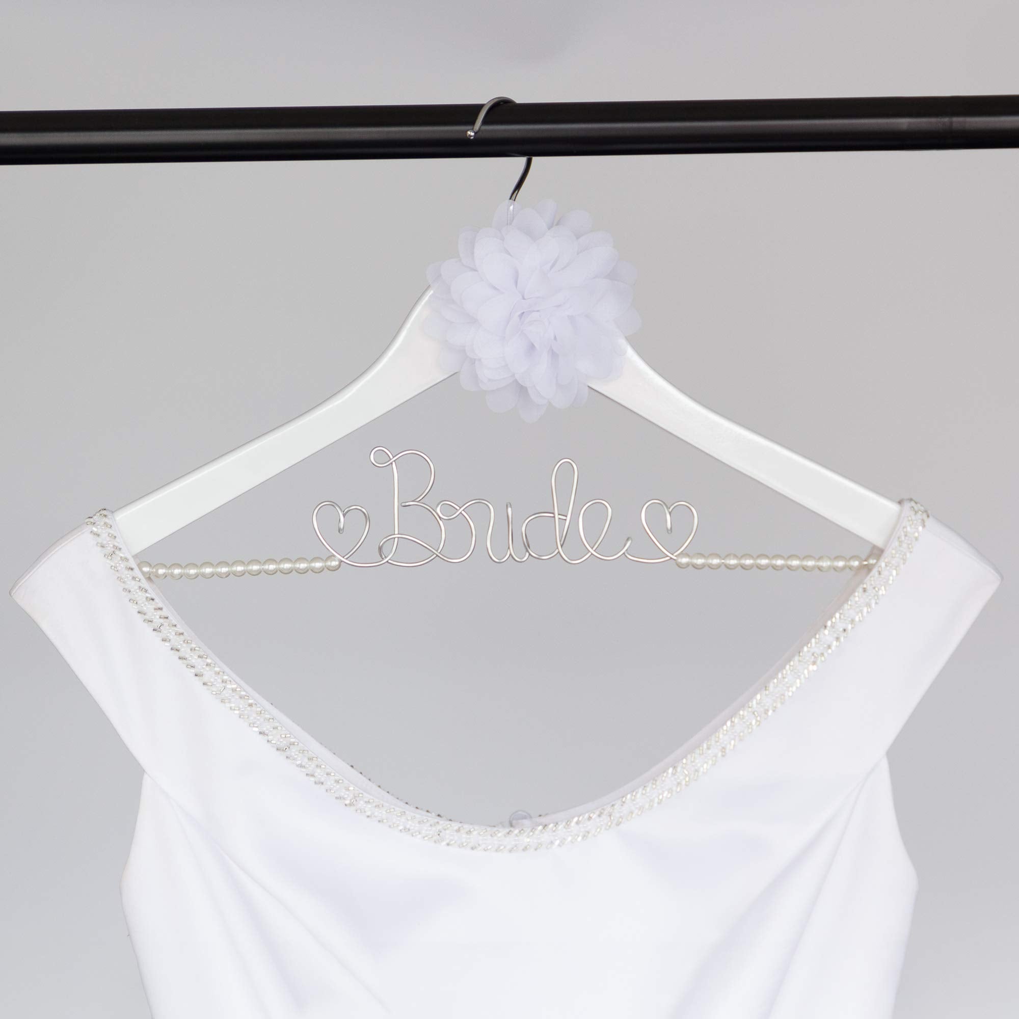 Ella Celebration Bride to Be Wedding Dress Hanger Wooden and Wire Hangers for Brides Gowns  Dresses (White with Pearl Strand and Flower)