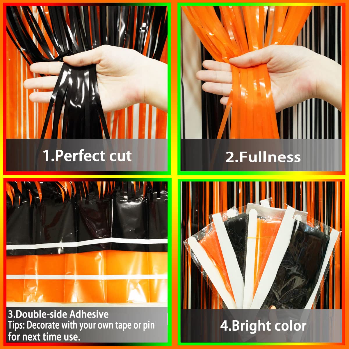 Black Orange Party Foil Curtains - Halloween Graduation Party Metallic Tinsel Foil Fringe Curtains Construction Birthday Baby Sh