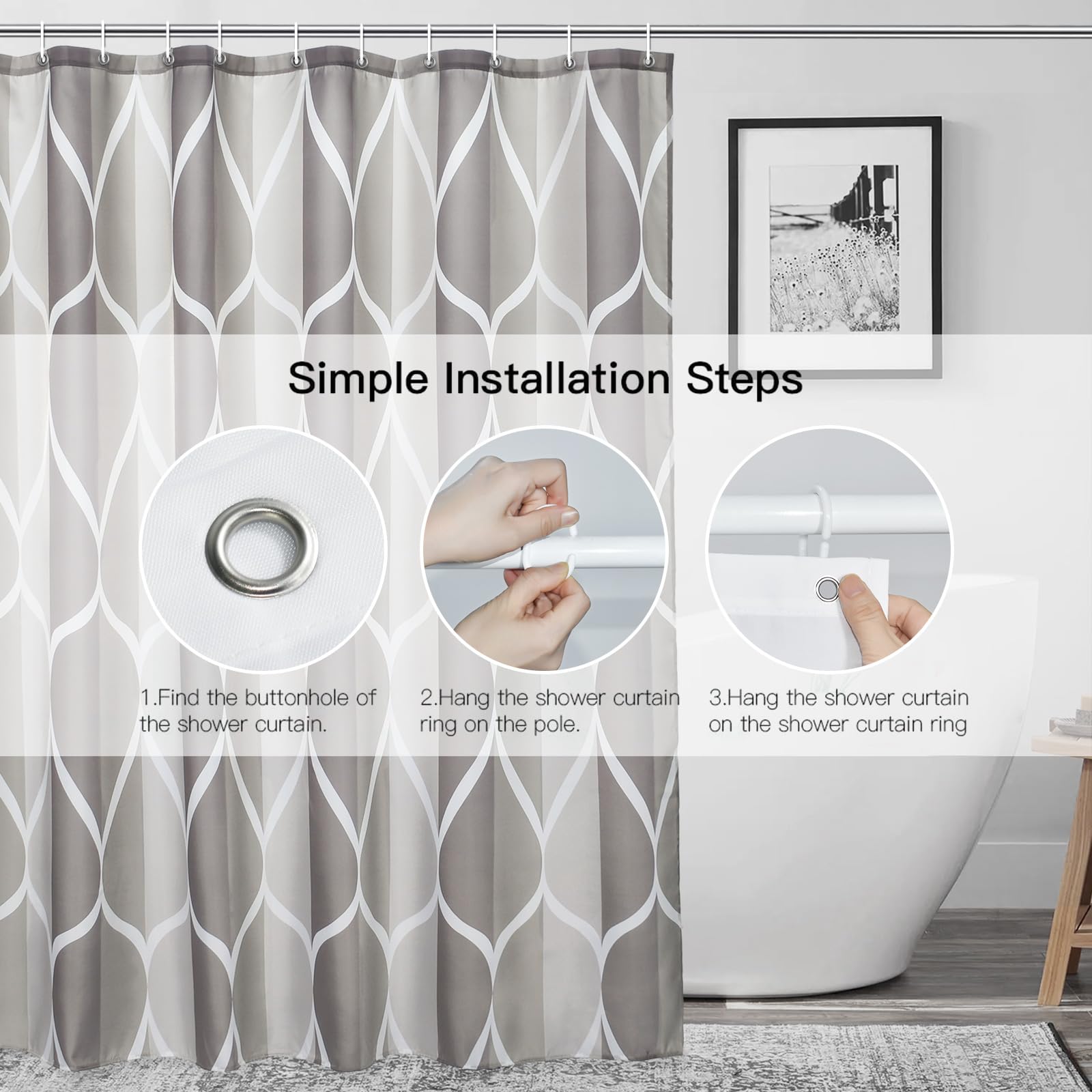 Gelbchu Light Grey Brown Shower Curtain, Waterproof Design And Polyester, Quick-Drying, Weighted Hem, Brown Shower Curtains Set
