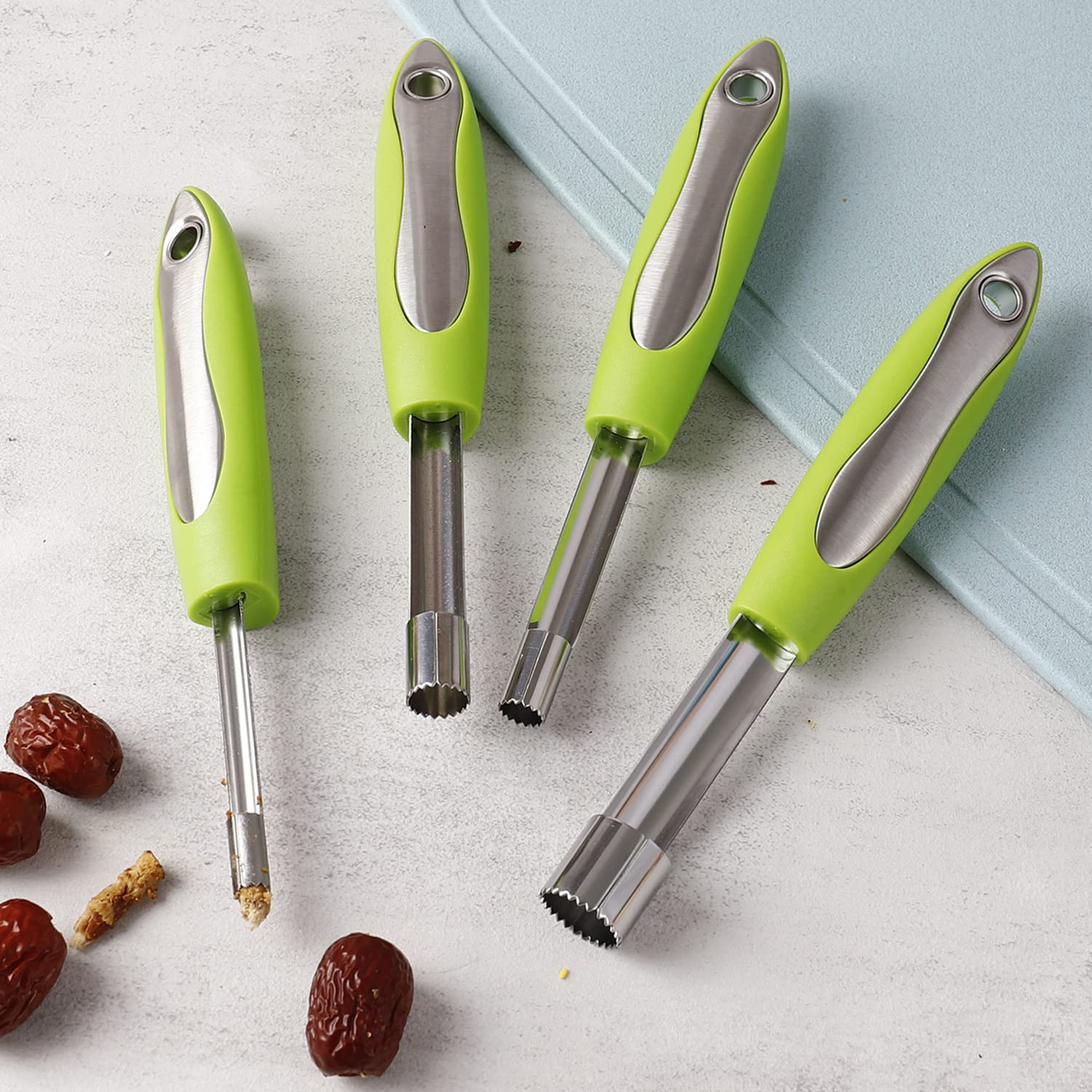 Apple Corer Set Of 4 Sizes, Corer And Pitter With Comfortable Rubber Handle, For Fruit, Vegetables, Apples, Pears, Cherries, Juj