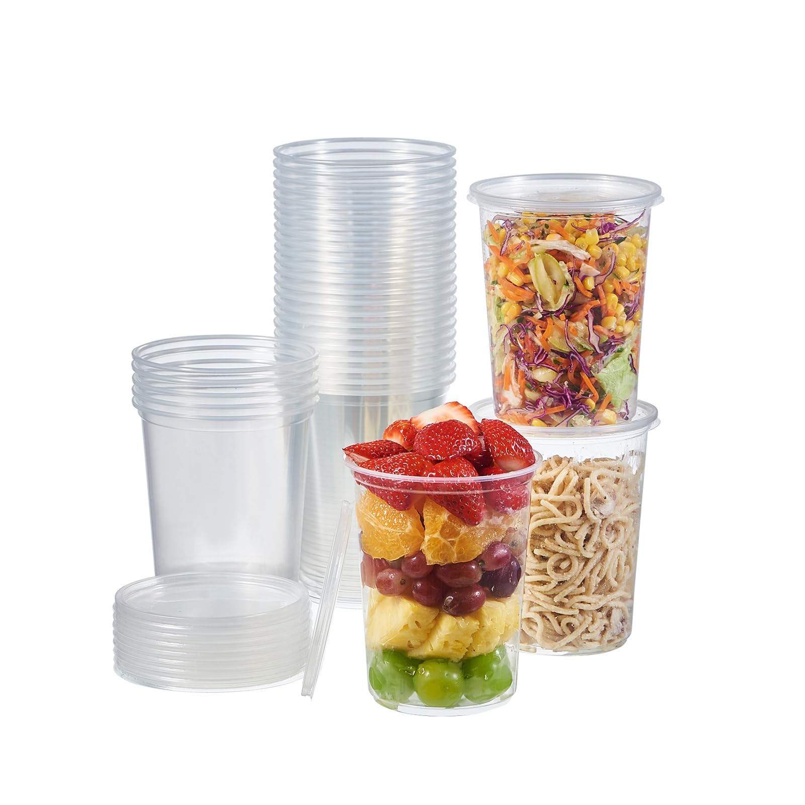 FULING 150 Sets - 32 oz. Plastic Deli Food Storage Soup Togo Containers With Airtight Lids Clear Disposable Takeout Quart Contai