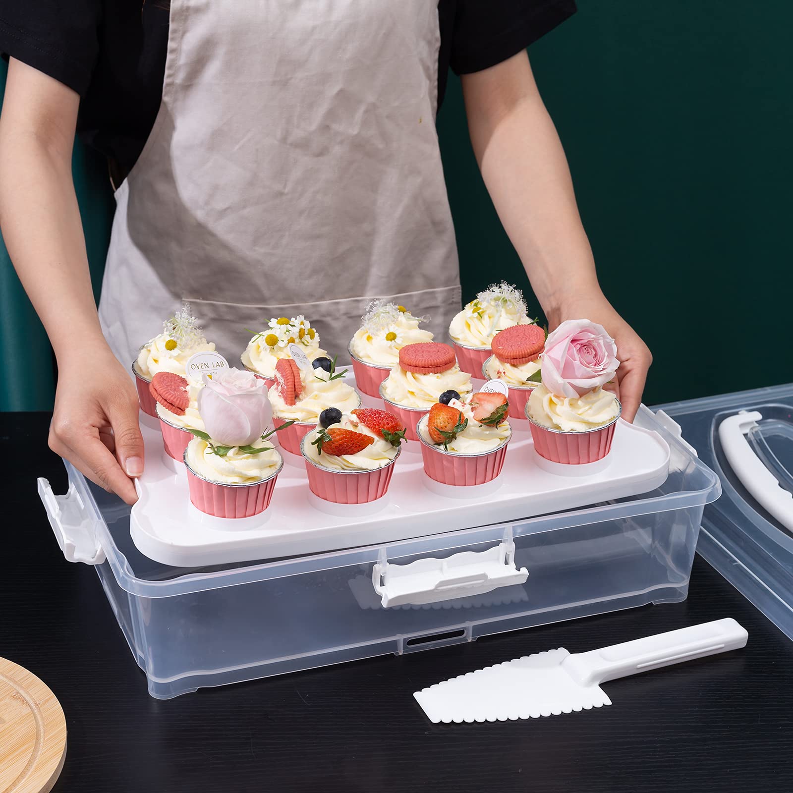 Feoowv Plastic Cake And Cupcake Carrier Holder, Large Portable Storage Container For Storing 12 Cupcakes Or 1 Large Cake, White