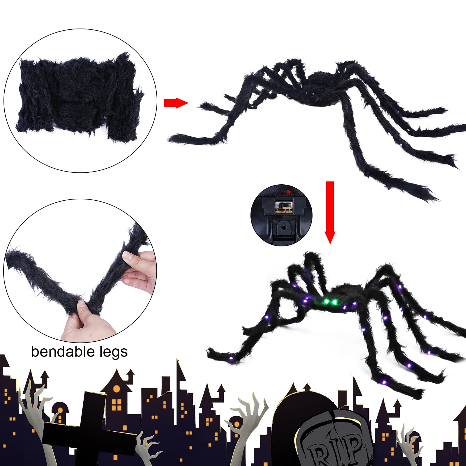 VOMAOK Halloween Spider Decorations 4ft Light Up Giant Spider(2 Pack) with Green Lighted Eyes for Indoor Outdoor Halloween Decor