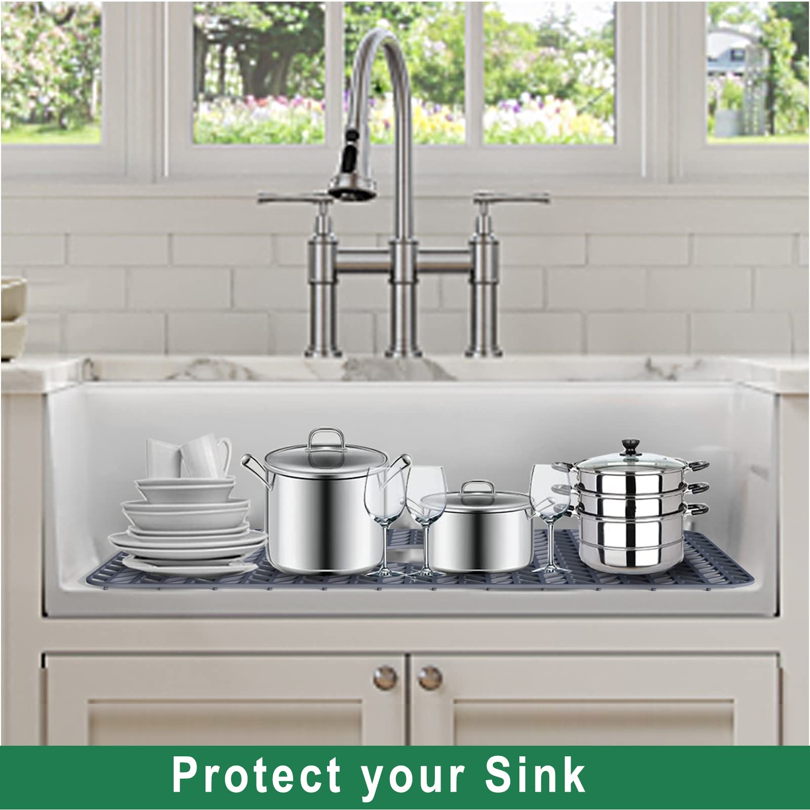 GUUKIN Sink Protectors for Kitchen Sink  26''x 14'' Silicone Kitchen Sink Mat Grid for Bottom of Farmhouse Stainless Steel Porcelain Sink with Rear Drain (Grey)