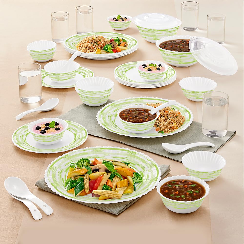 Larah By Borosil Aura Silk Series Opalware Dinner Set With Glasses, 40 Pieces For Family Of 6, Microwave & Dishwasher Safe, Bone