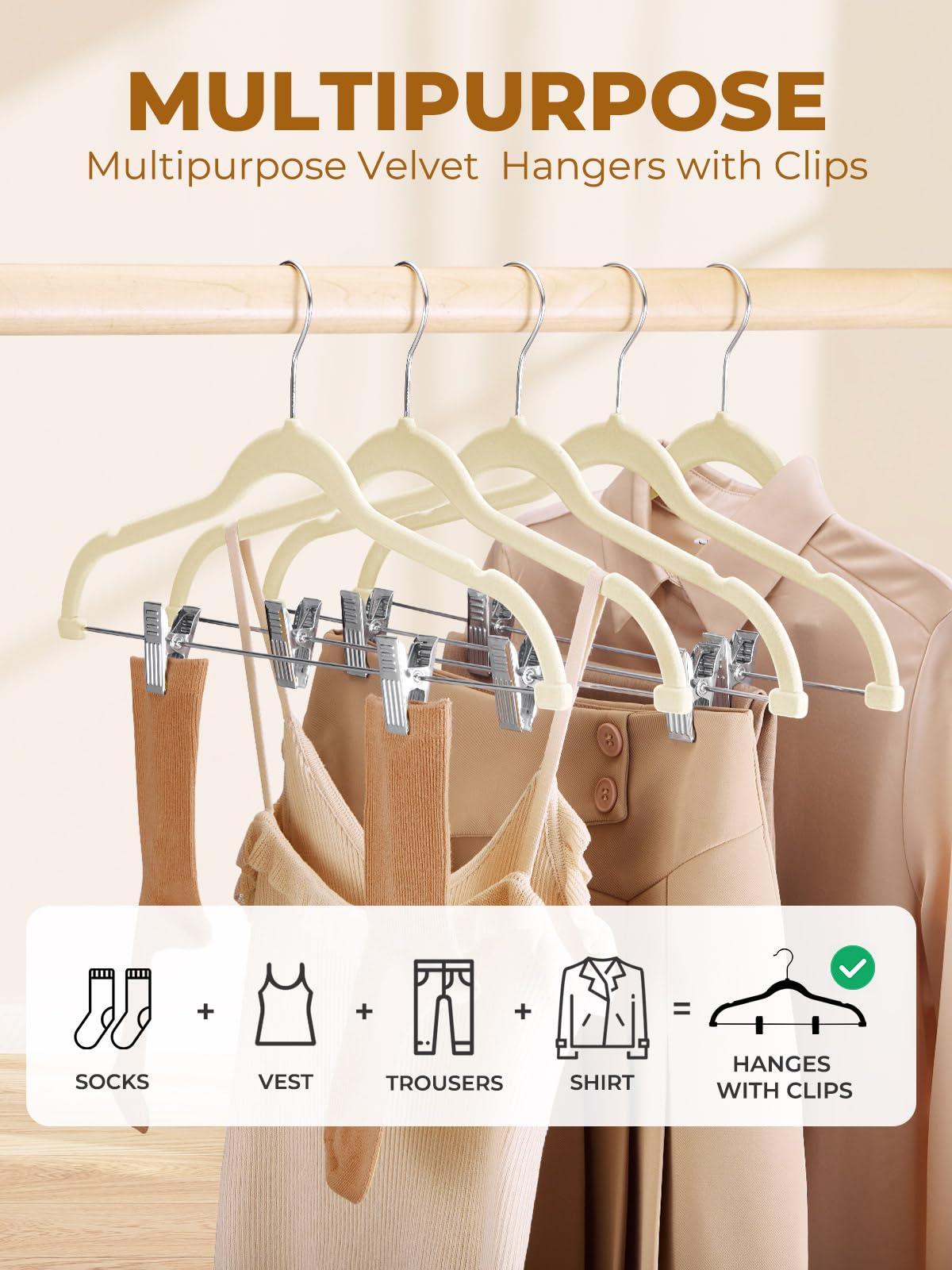HOUSE DAY Velvet Skirt Hangers, 12 Pack, Beige, Adjustable Clips, Non-Slip, Heavy Duty, Space Saving Pant Hangers