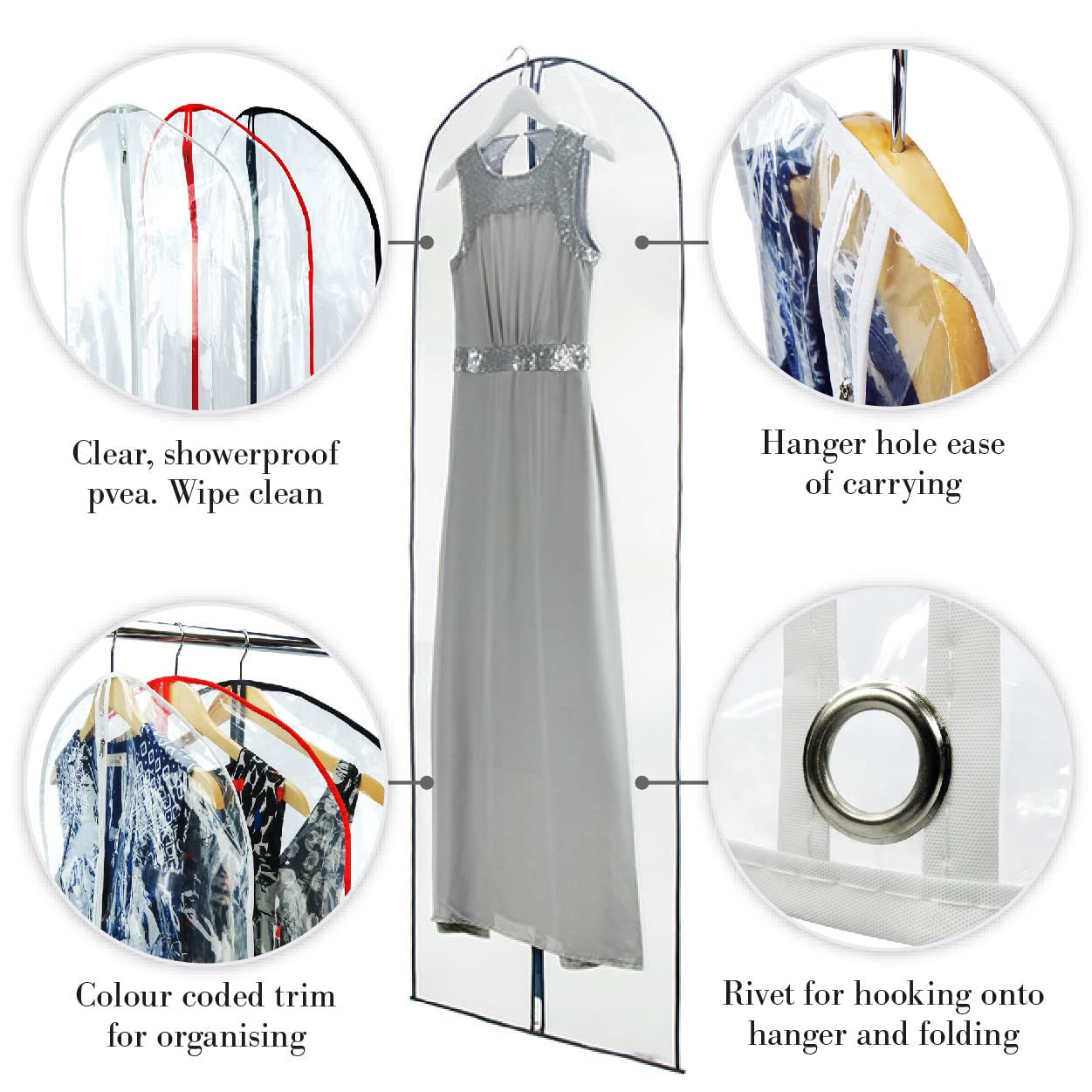 Hangerworld 72Inch Long Dress Bag Garment Protector Covers - Pack Of 3, Showerproof Clear Peva Plastic, Mixed Color Trim