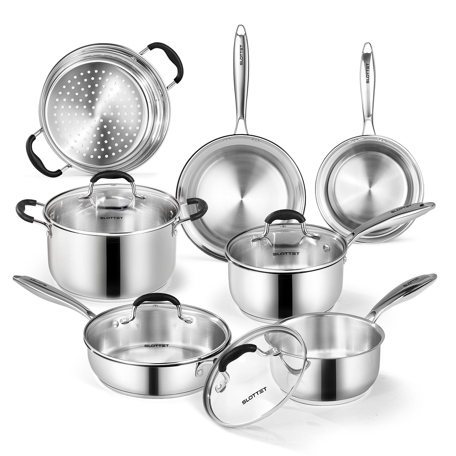 SLOTTET Stainless Steel Kitchen Cookware Set,11 Piece Pots and Pans Set with Steamer,Heatresistant Handle,NonToxic,Induction,O