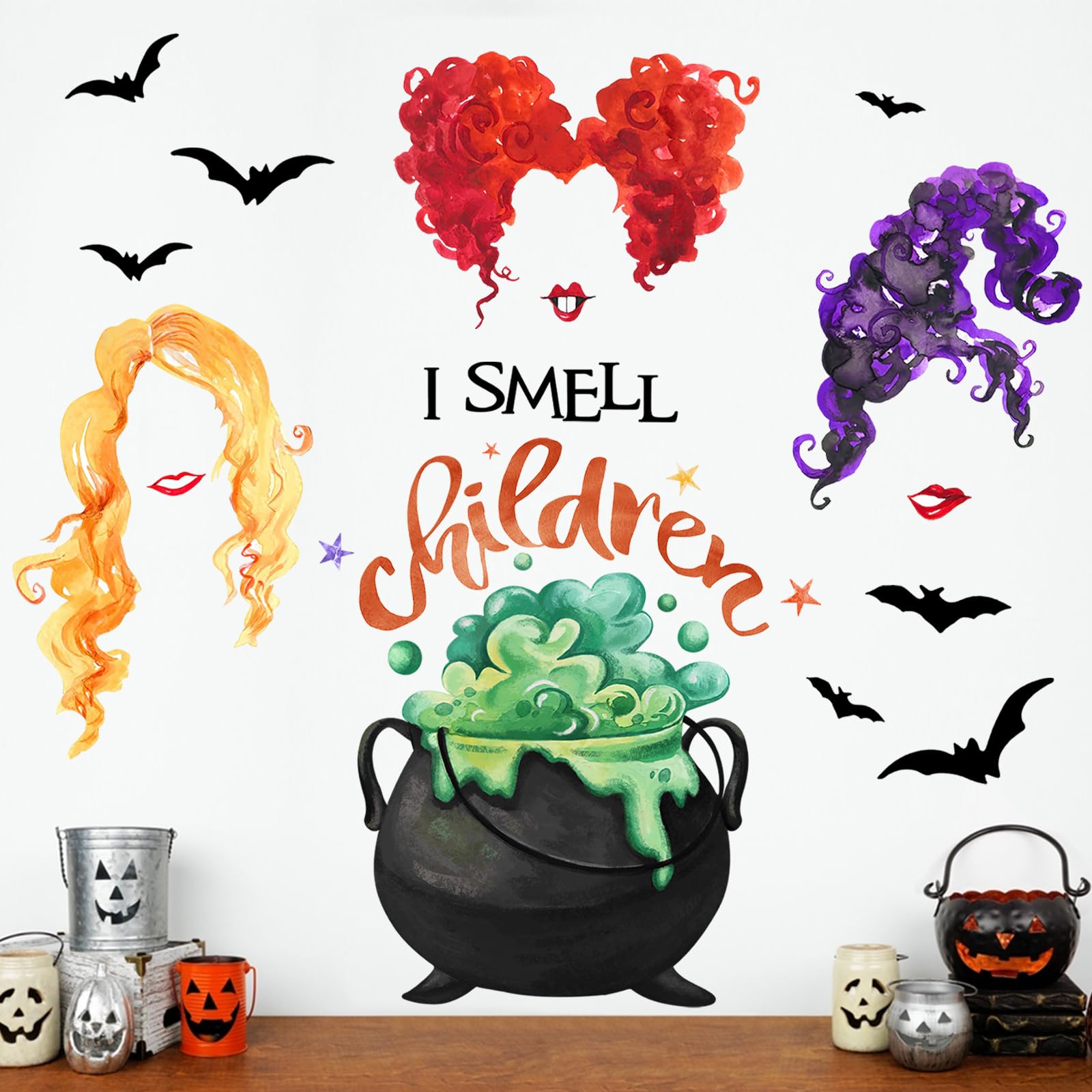 Mfault Halloween I Smell Children Wall Decals Stickers, Sanderson Sisters Witch Caldron Bat Decorations Bedroom Art, Hocus Pocus