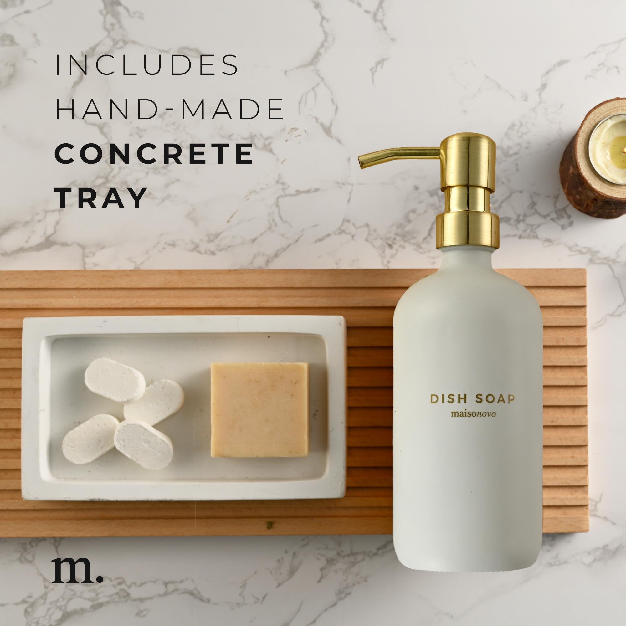 Maisonovo Soap And Lotion Dispenser Set - 16.9 Fl Oz White Hand Soap Dispenser Glass With Gold Pump Set Of 2 And Concrete Tray