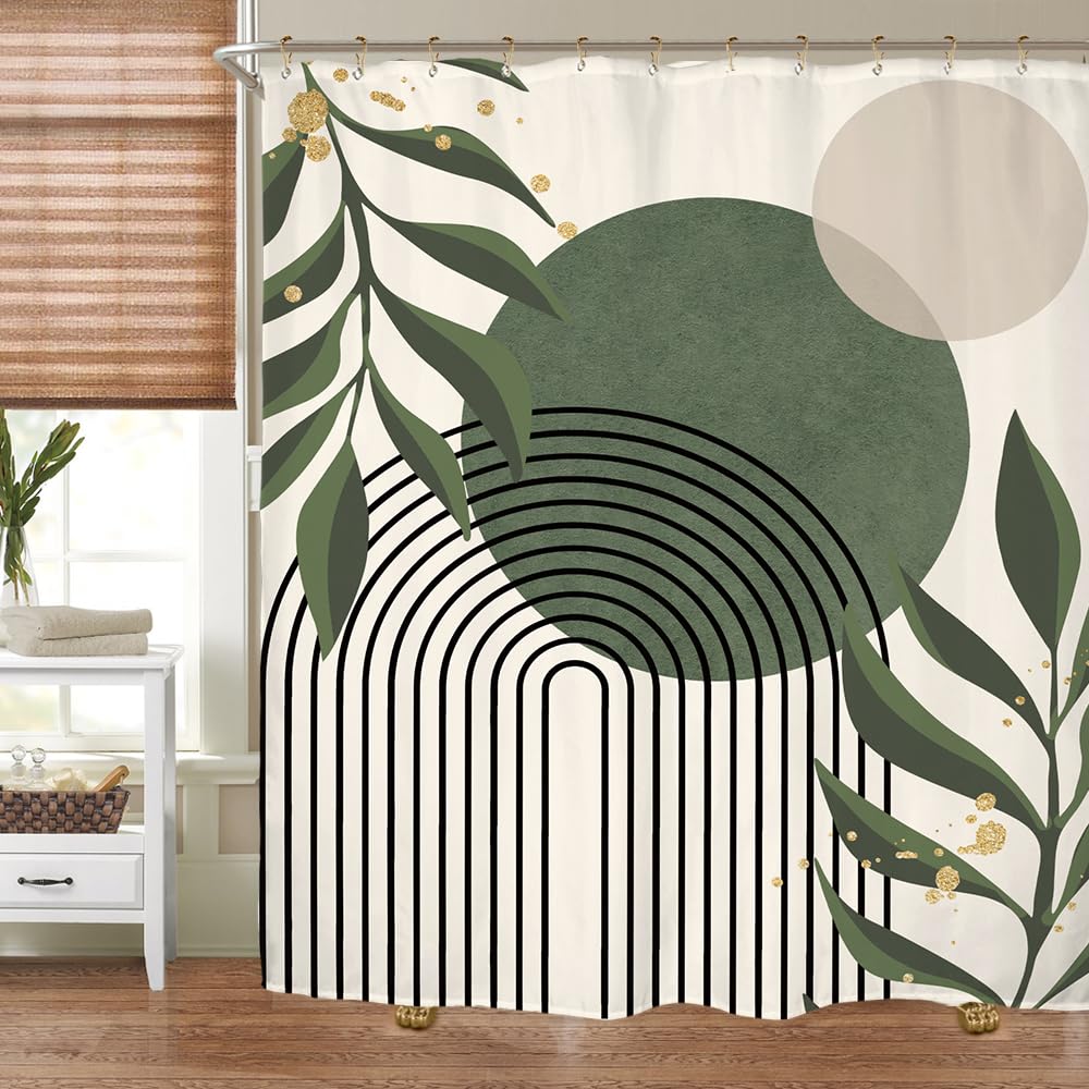 Miyotaa Abstract Sage Green Shower Curtain Set 71Wx71H Inches Minimalist Plant Aesthetic Modern Neutral Leaves Mid Century Water