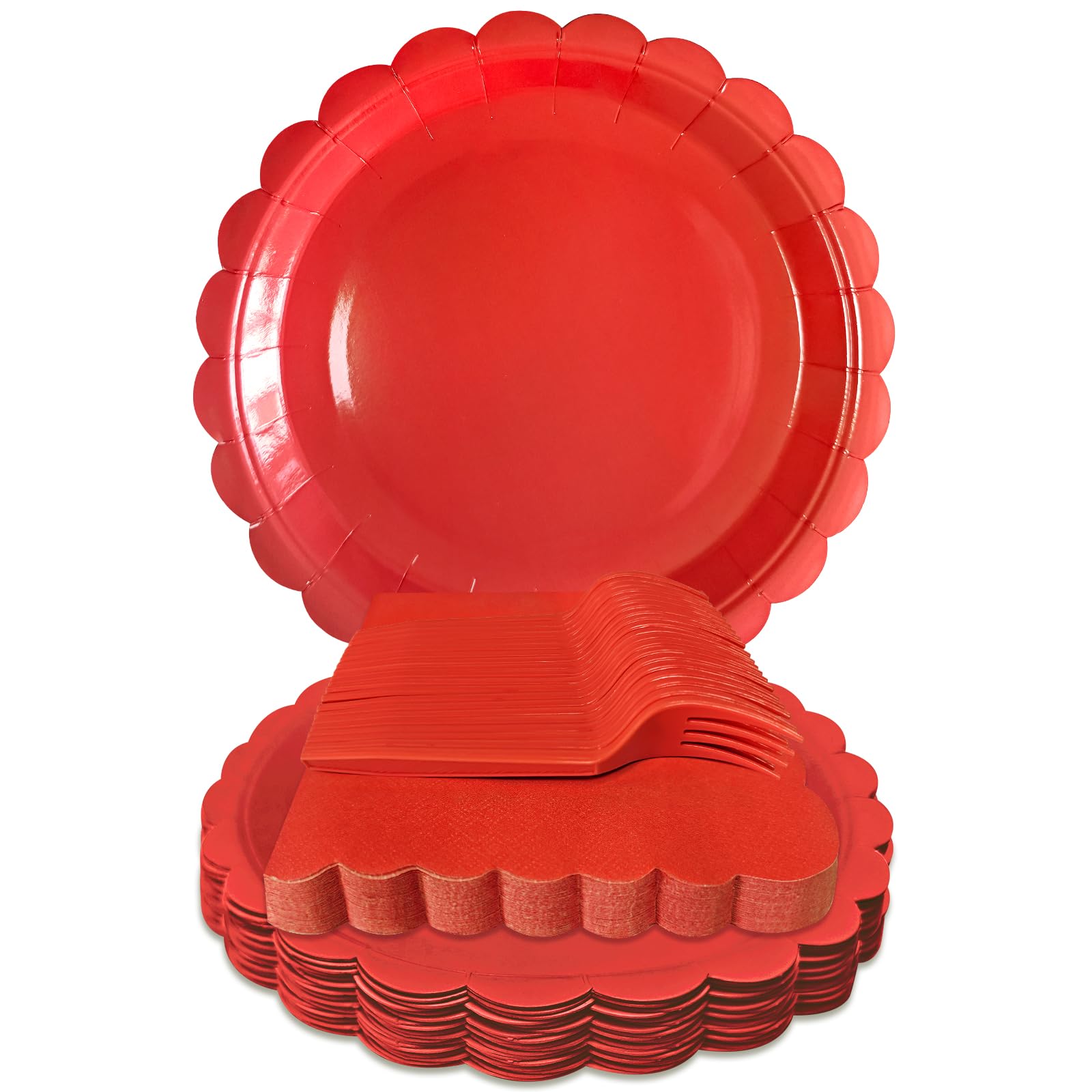 WYQJHKV Red Paper Plates and Napkins,7 Inch Red Scalloped Disposable Dessert Plates Paper Napkin Fork Party Supplies for Wedding