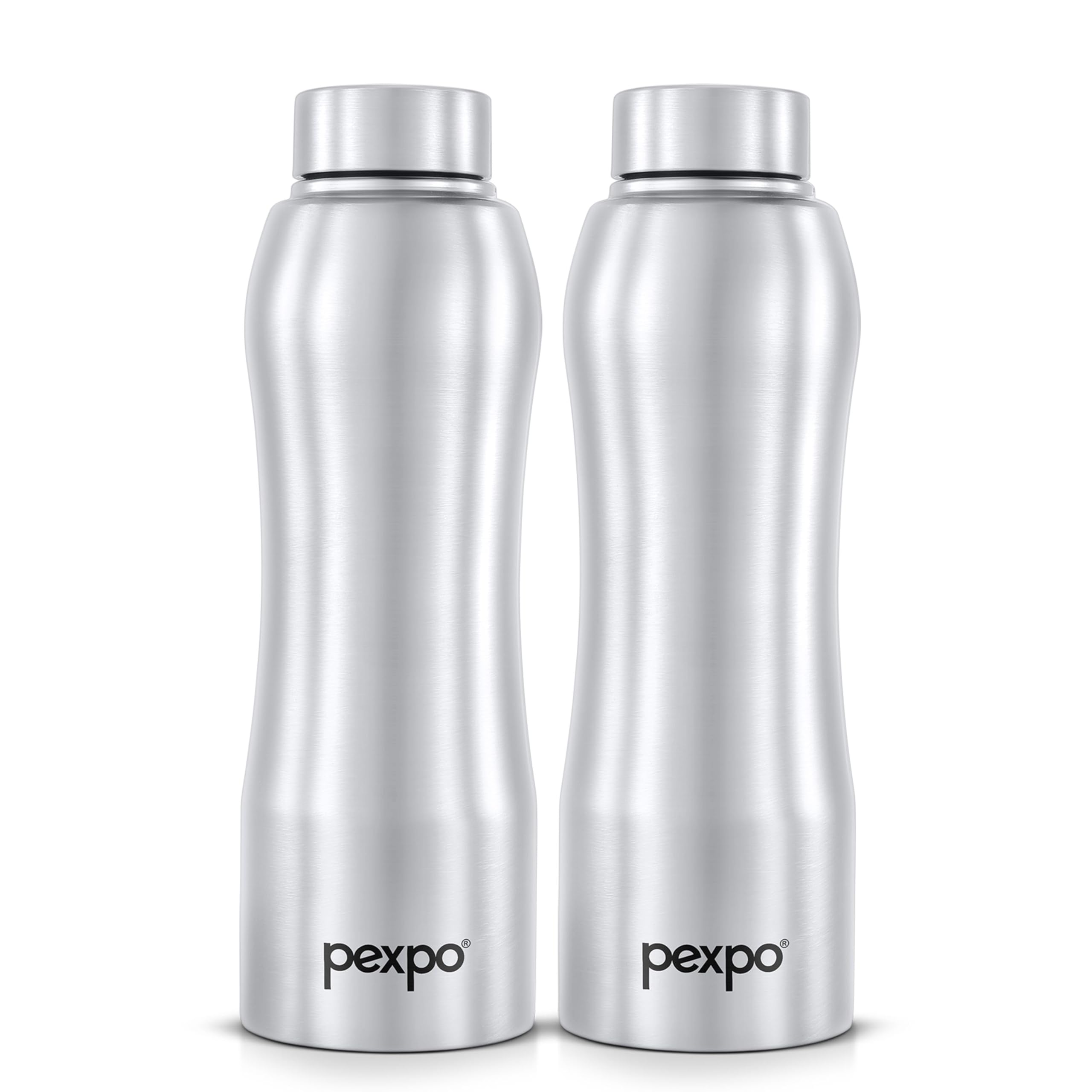 Pexpo Bistro Isi Certified Stainless Steel Fridge/Sports Water Bottle 1 Litre, Silver, Pack Of 2 | Single Walled | Easy Grip | L