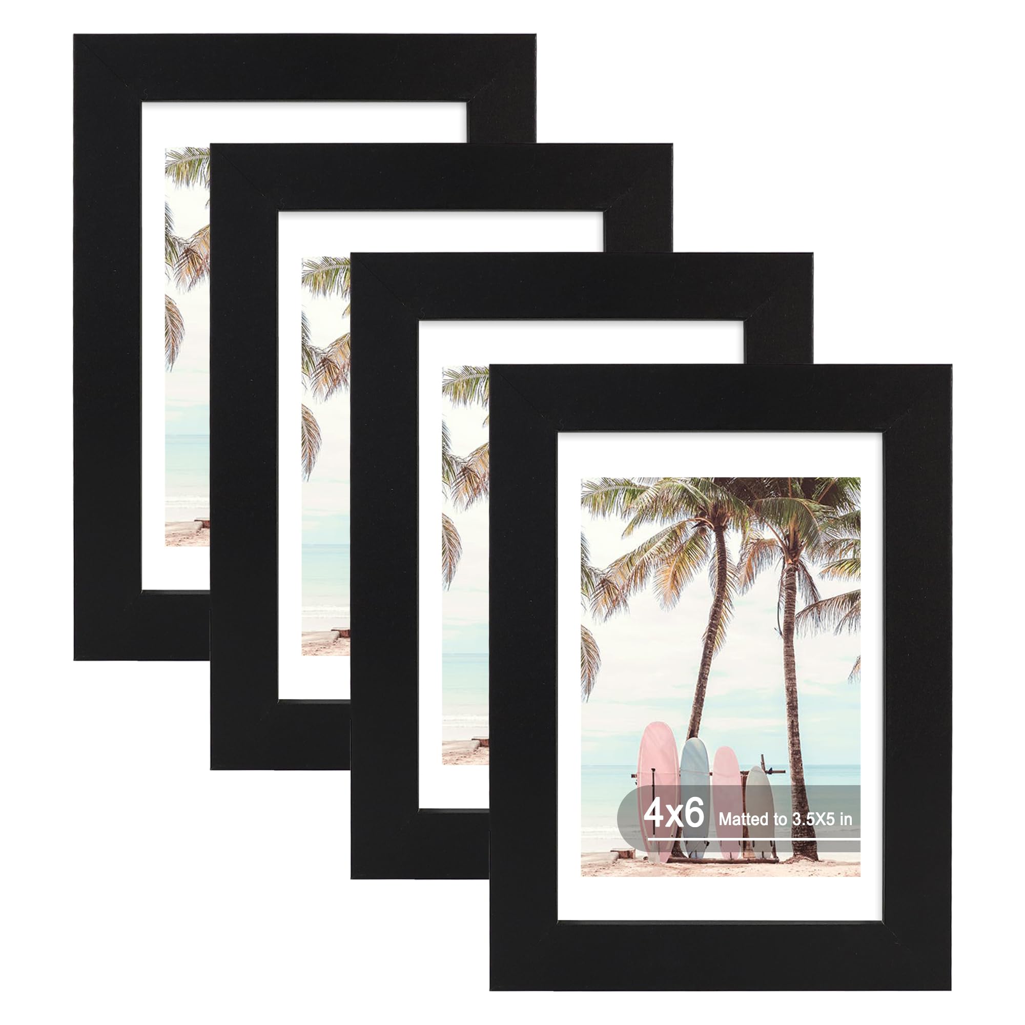 Hongkee 4x6 Picture Frame (4 Pack, Black), Made of Real Glass and Wooden Frame - Display Pictures 3.5x5 with Mat or 4x6 Without 
