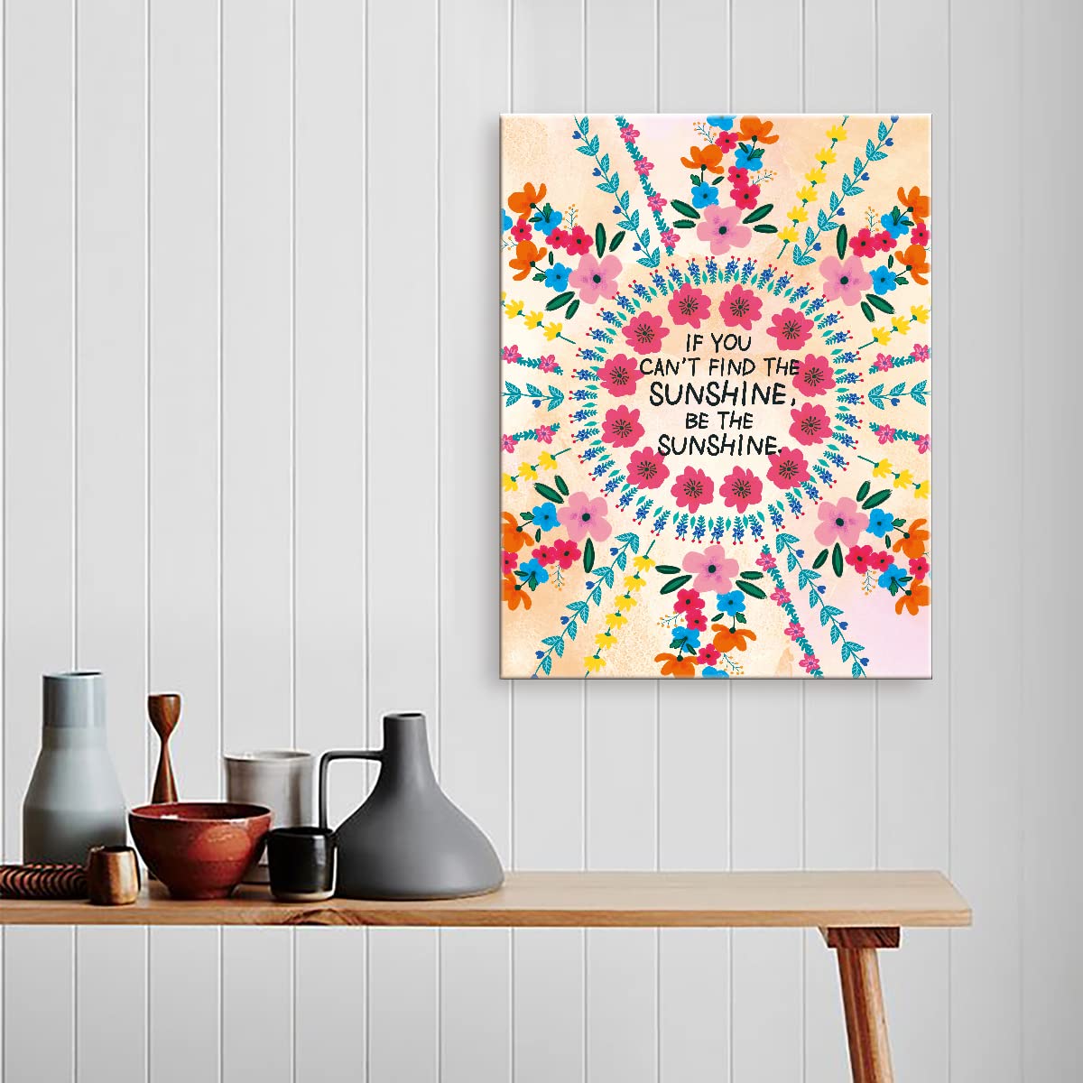 If You Can'T Find The Sunshine Be The Sunshine Inspirational Canvas Framed Wall, Cute Colorful Flowers Motivational Canvas Frame