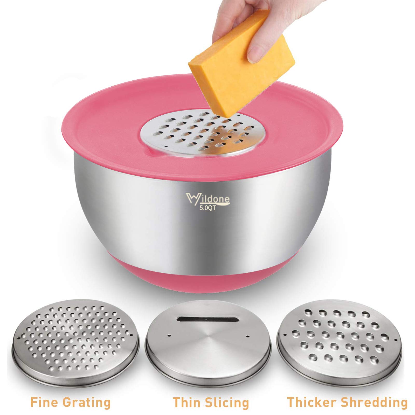 Wildone Mixing Bowls With Lids Set, 5Pcs Stainless Steel Colorful Nesting Bowls With 3 Grater Attachments, Measurement Marks & N