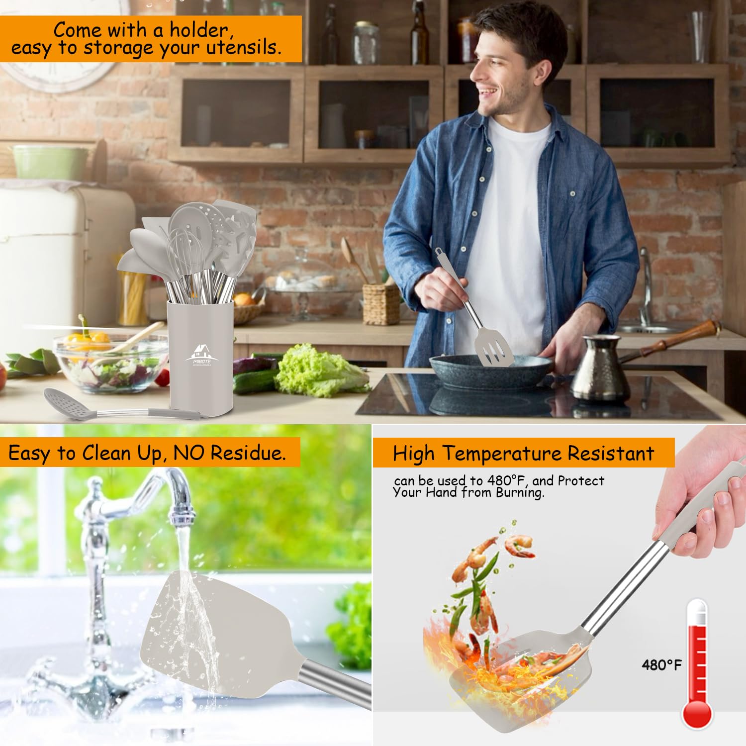 Silicone Kitchen Cooking Utensil Set, Silicone Kitchen Spatula Utensils Set With Stainless Steel Handle,Non-Stick Heat Resistant