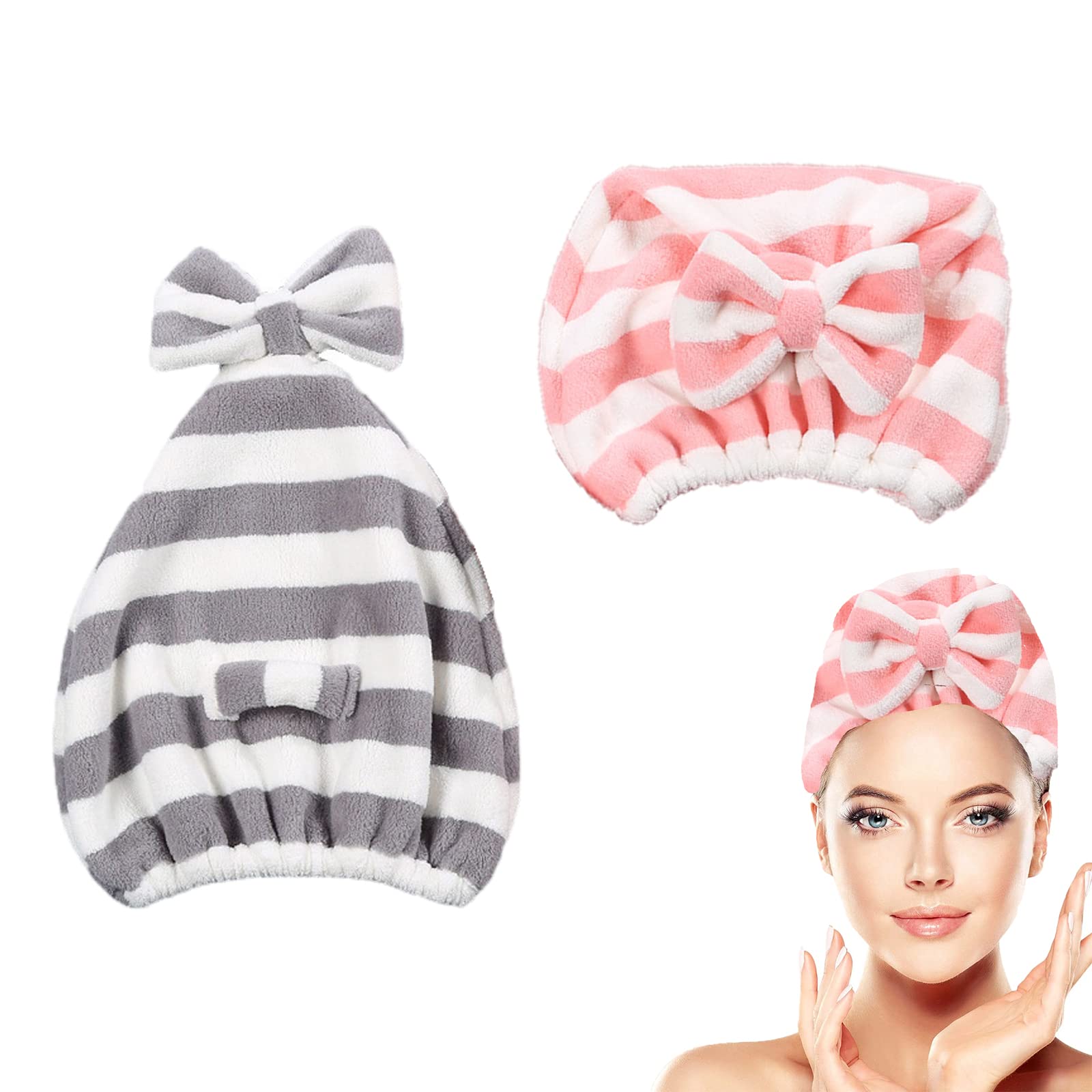 Large Microfiber Hair Towel Cap,Rapid Drying Towel For Hair,Ultra Soft Super Absorbent Hair Drying Towel Turban,Cute Gray&Pink B