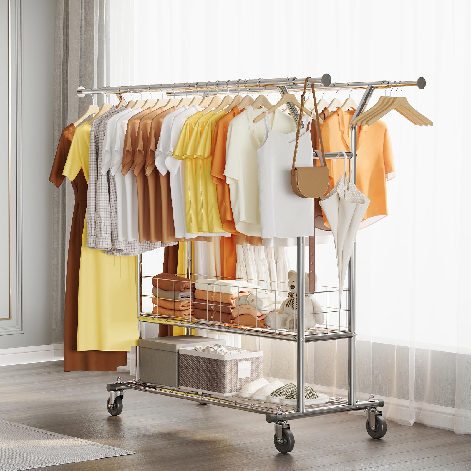 Hokeeper Heavy Duty Clothes Rack, 625 Lbs Clothing Racks With Wheels, Rolling Garment Rack For Hanging Clothes, Commercial Adjus